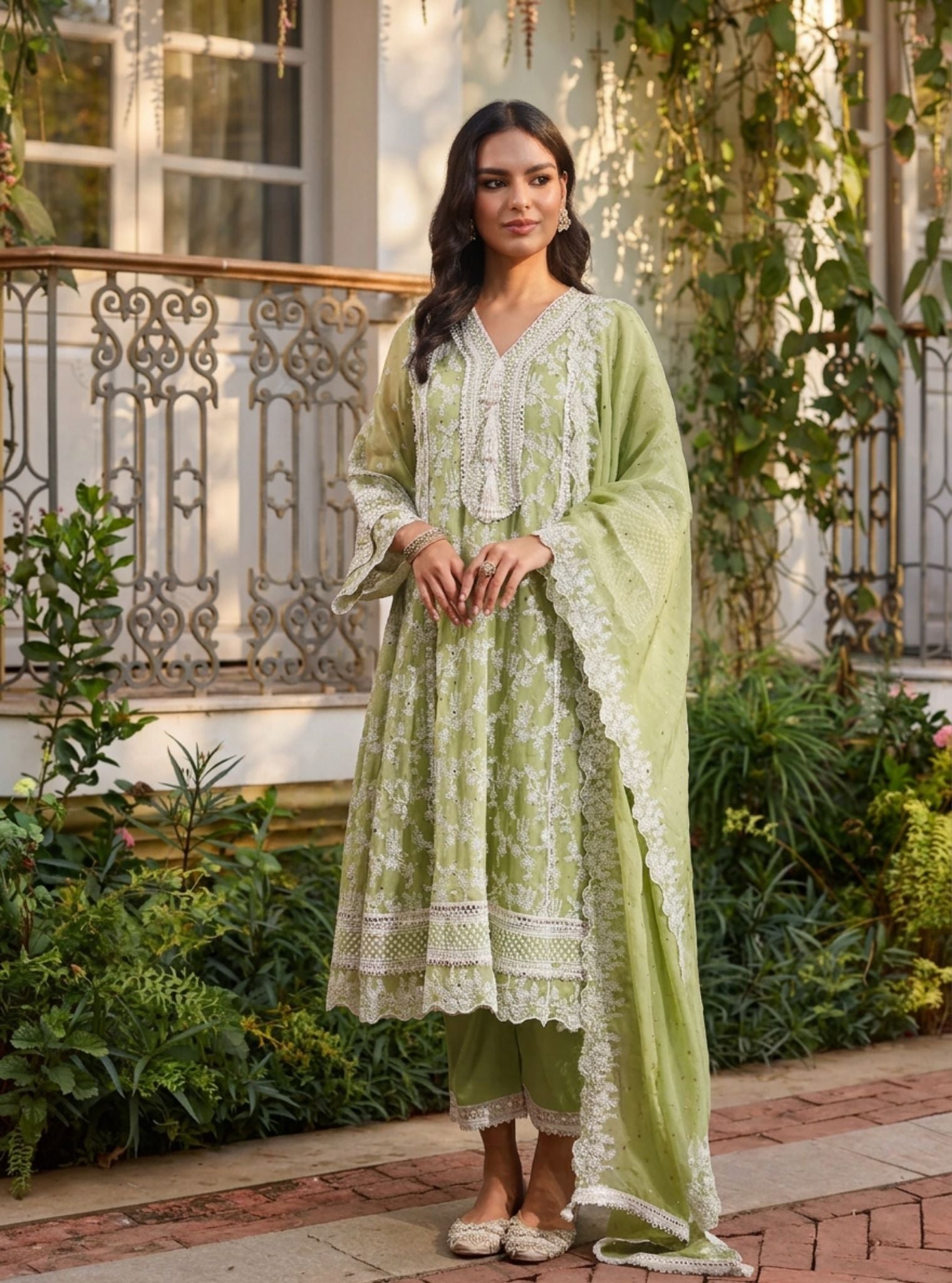 Rupa Organza Pista Green Anarkali Kurta with Pima Satin Pista Green Pant Set