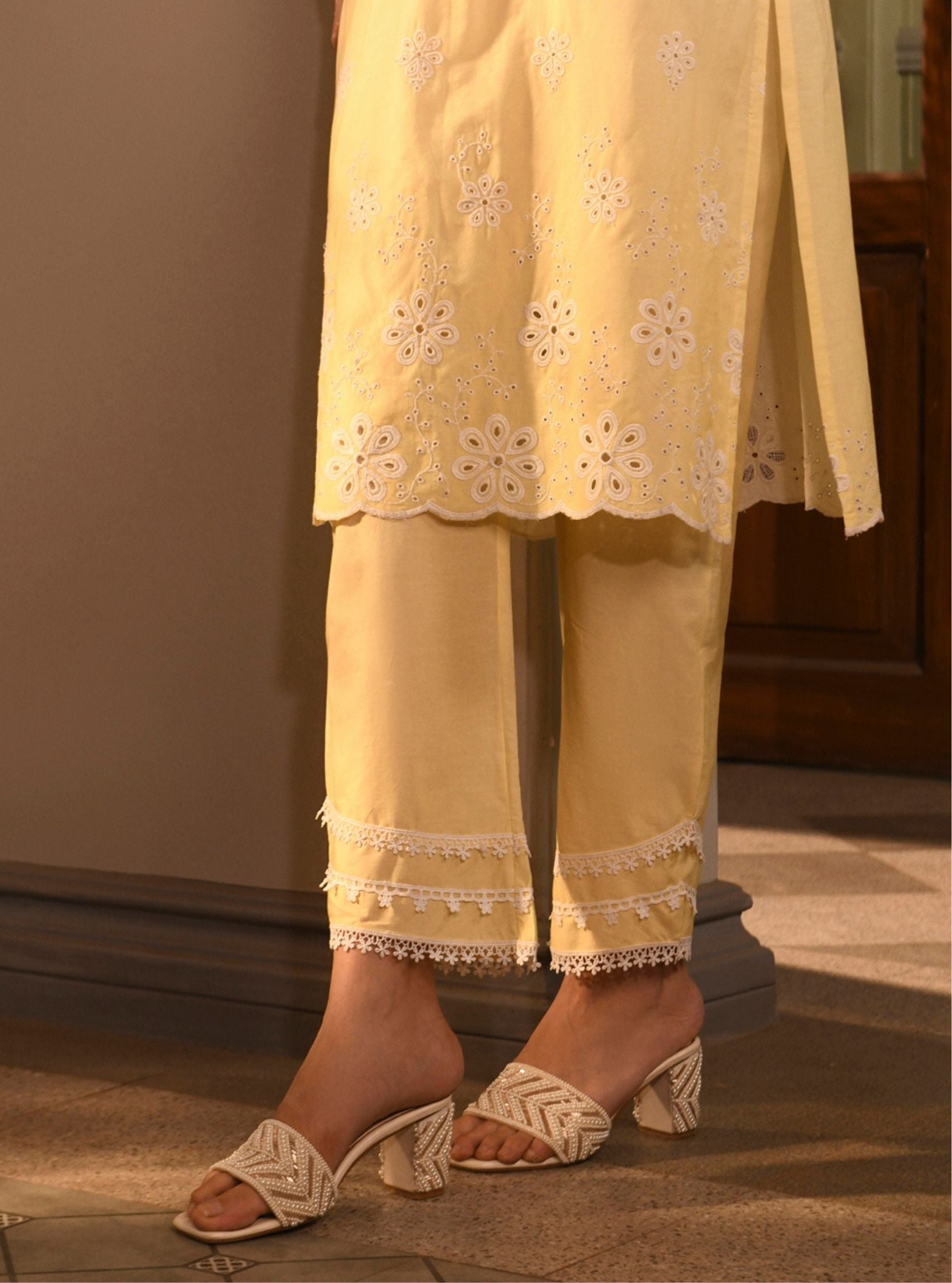 Mulmul Cotton Malta Yellow Kurta With Mulmul Cotton Malta Yellow Pant