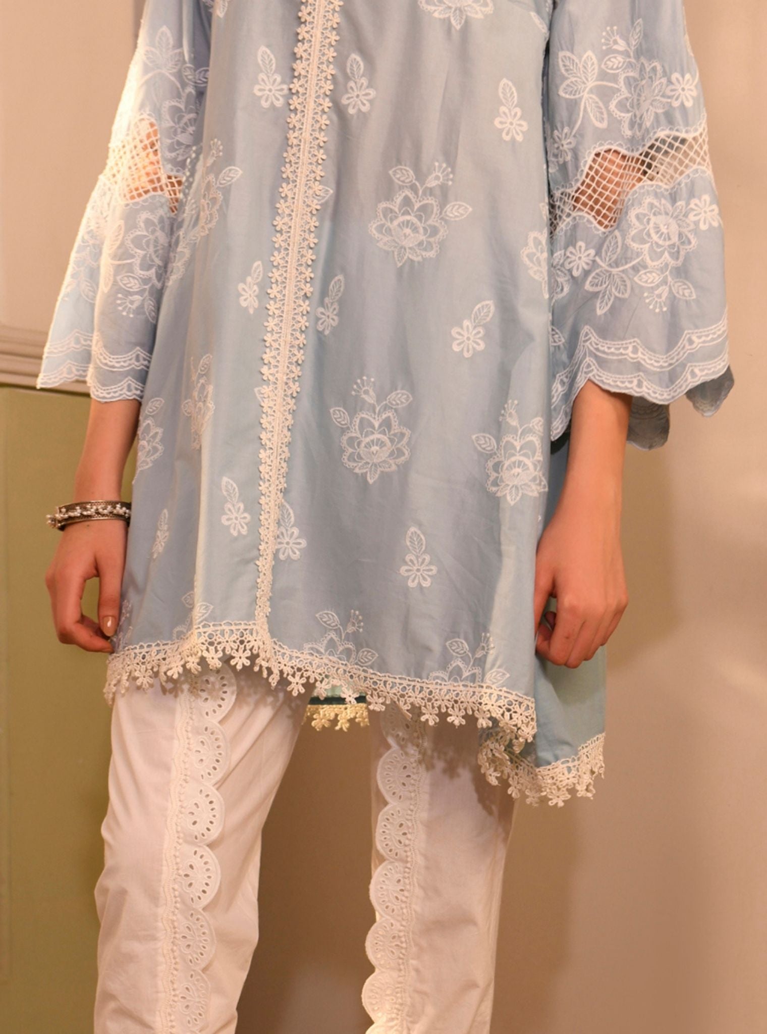 Mulmul Cotton Azara Light Blue Kurta With Mulmul Cotton Border White Dhoti Pant