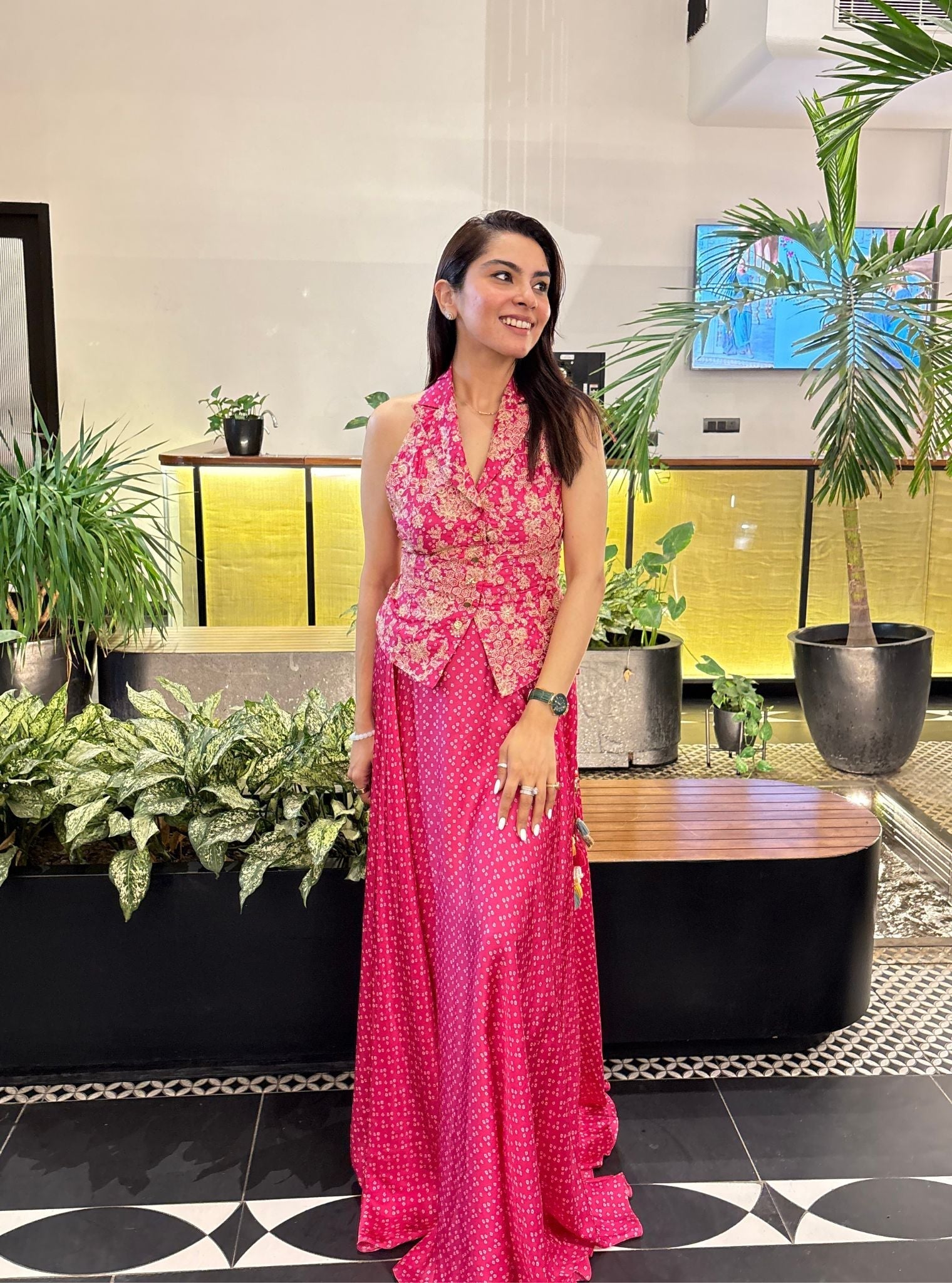 Kuhu Cupro Satin Printed Fuchsia Waistcoat with Wide Pleated Skirt