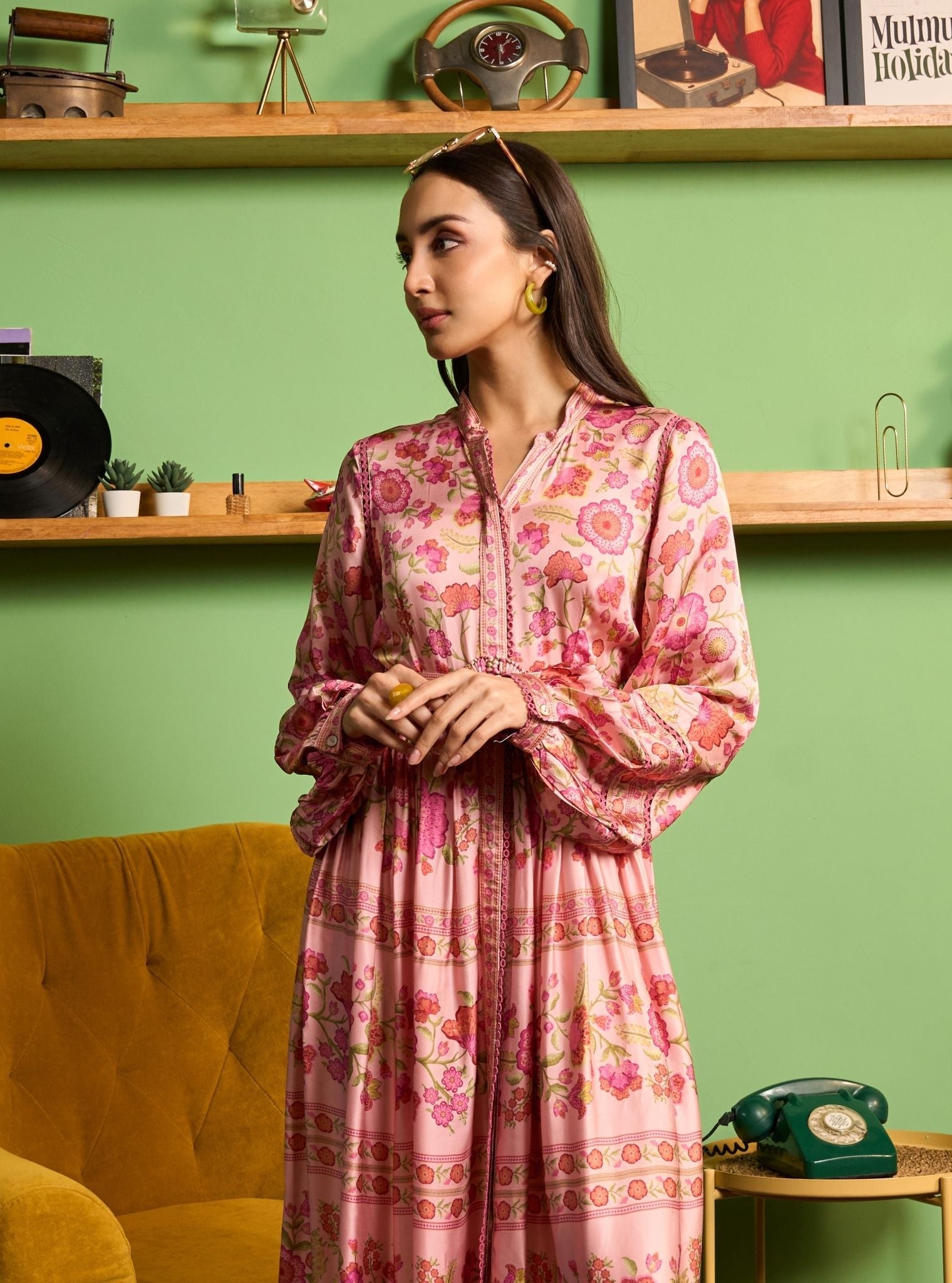 Khas Cupro Satin Pink Printed Dress