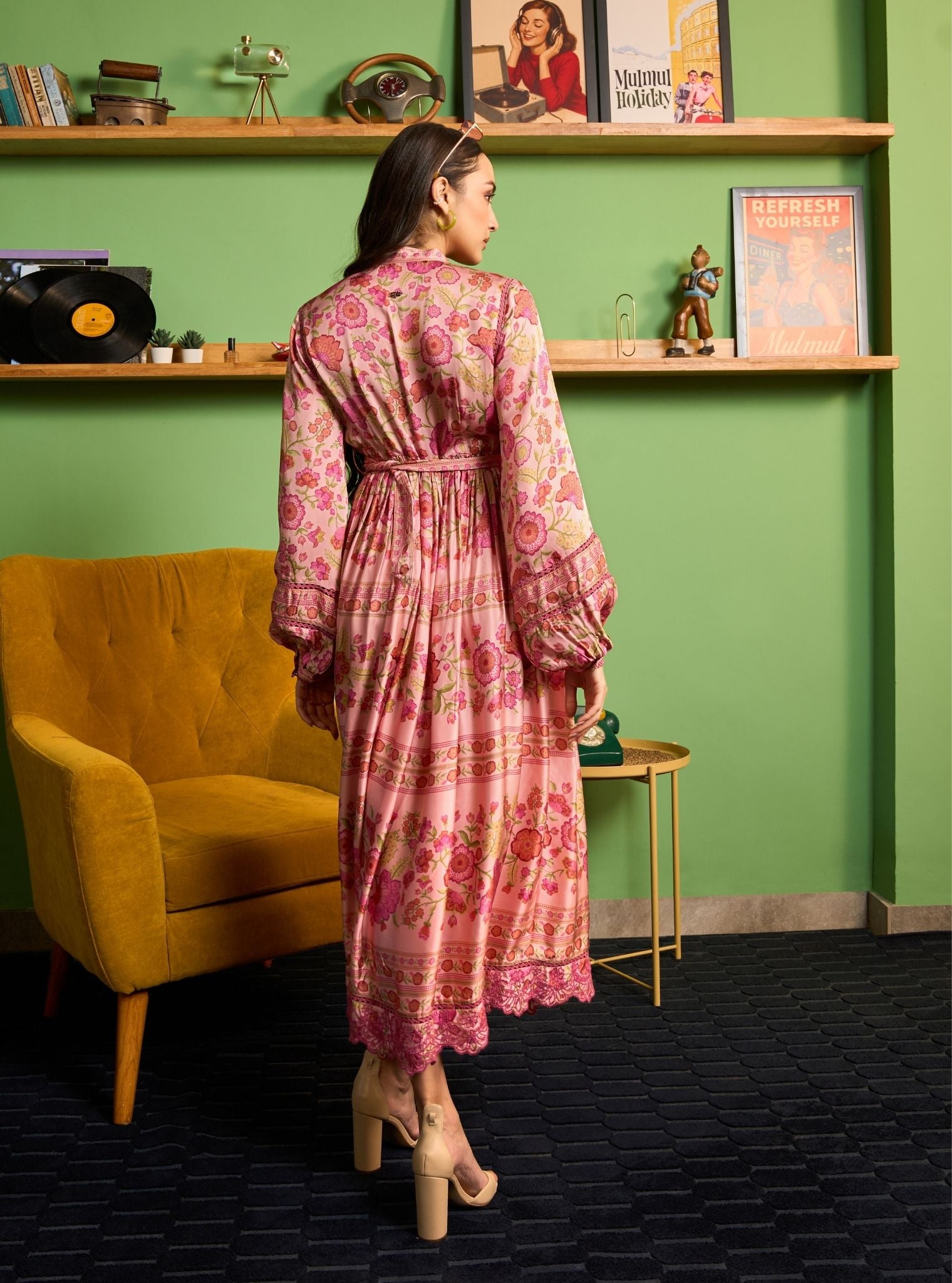 Khas Cupro Satin Pink Printed Dress