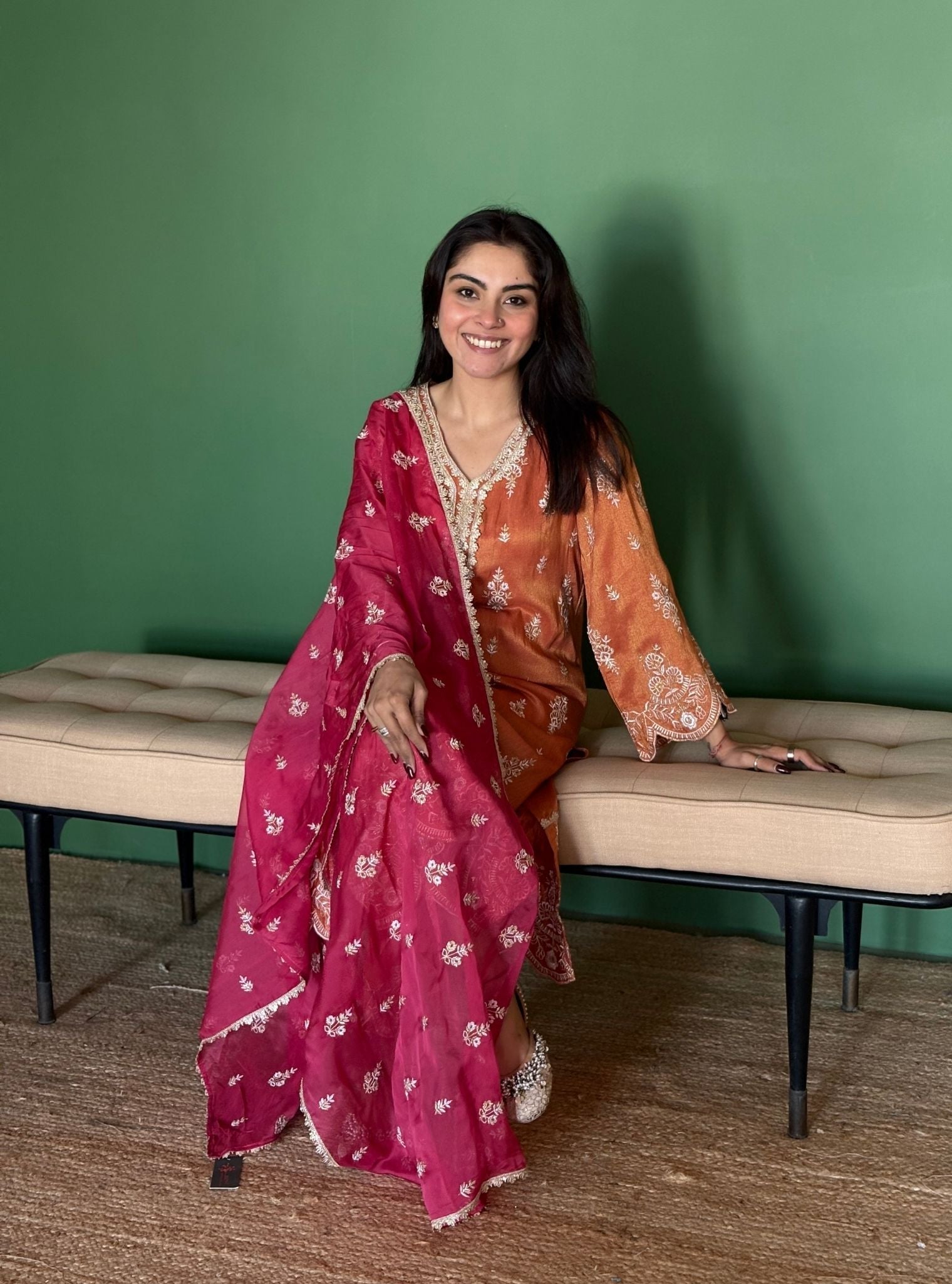 Emon Tissue Linen Satin Burnt Orange Kurta Set