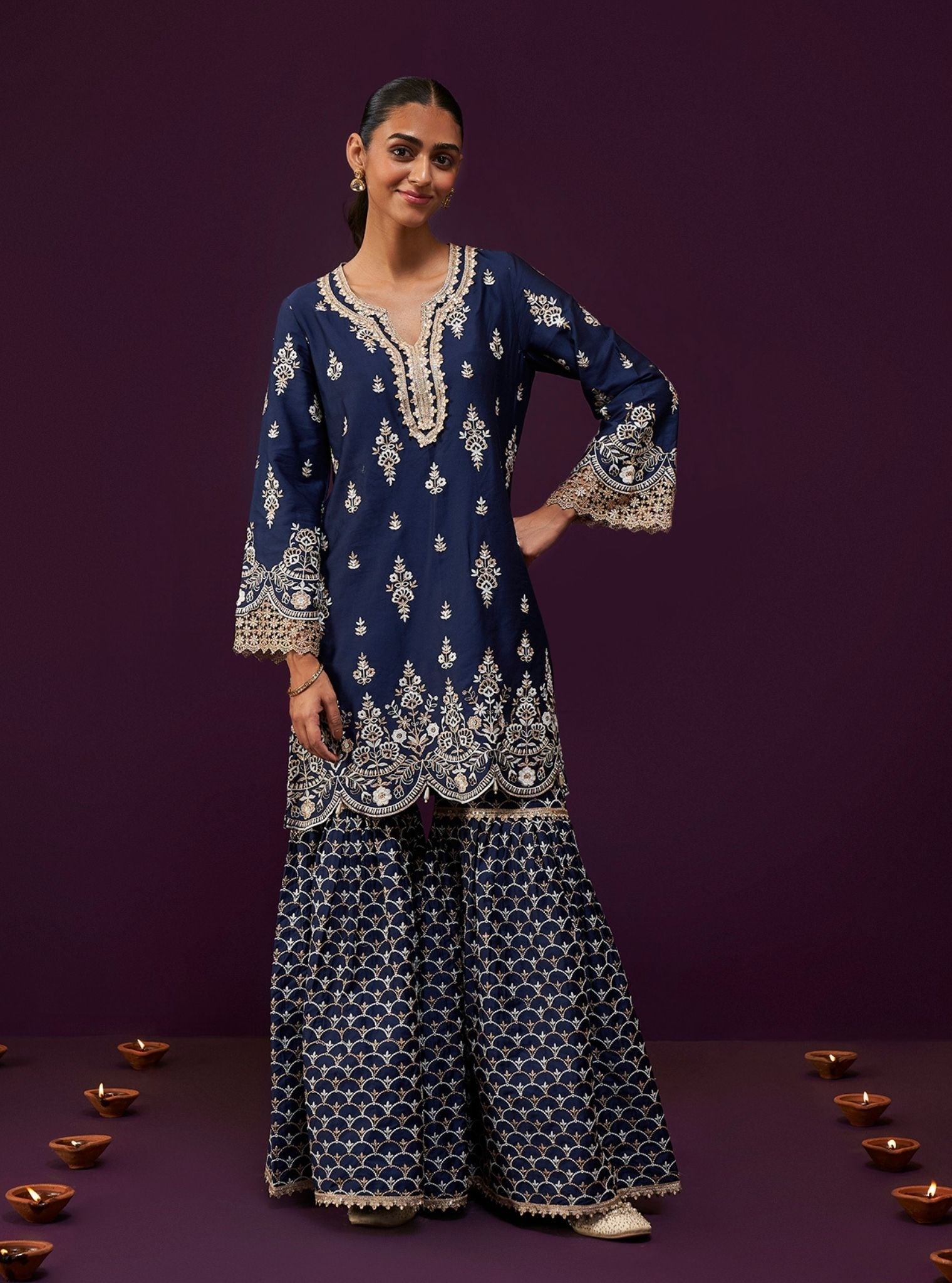 Mulmul Pima Satin Aree Navy Kurta With Mulmul Pima Satin Aree Navy Garara