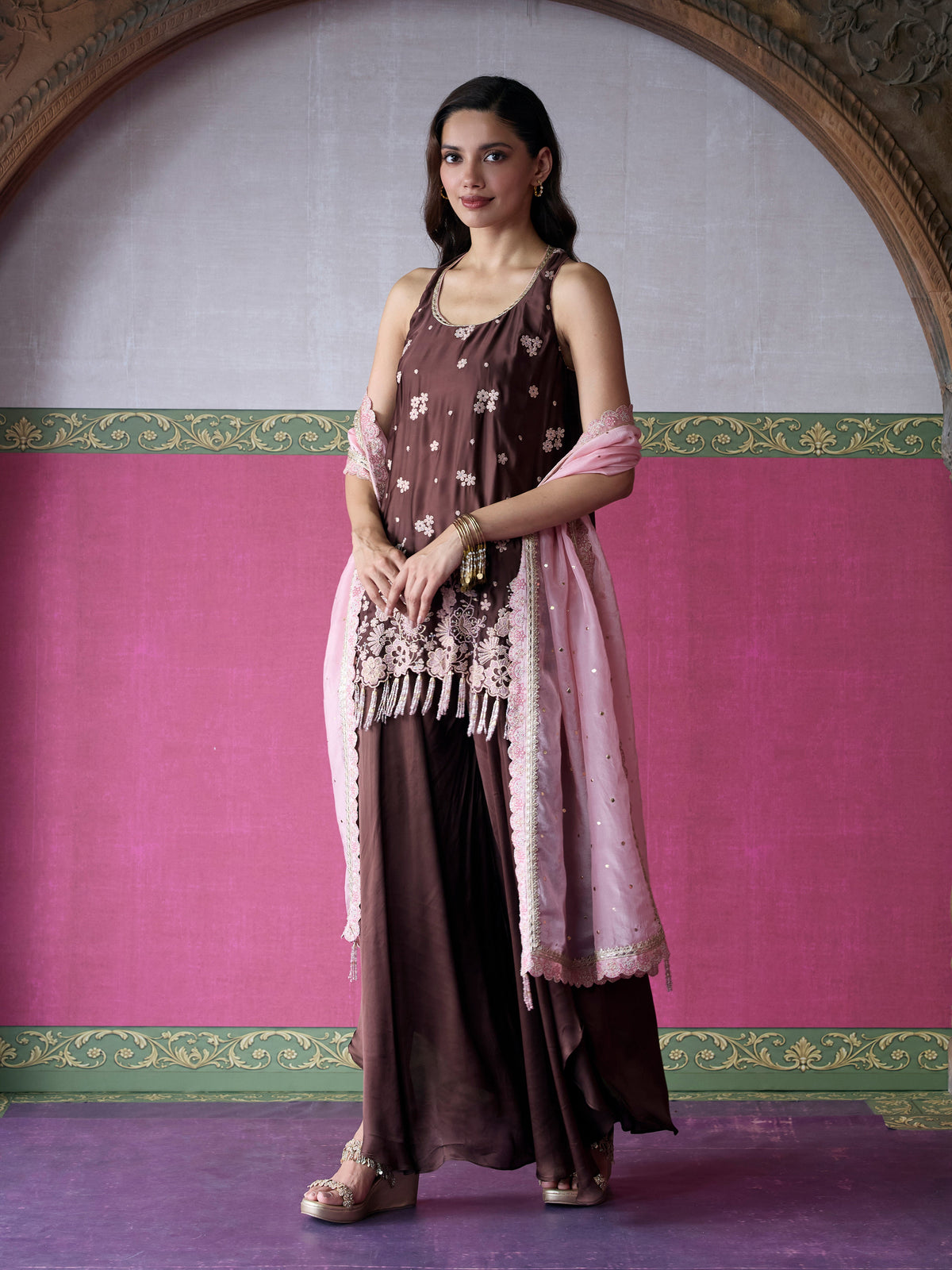 Nemi Cupro Satin Brown Short Kurta with Draped Pants