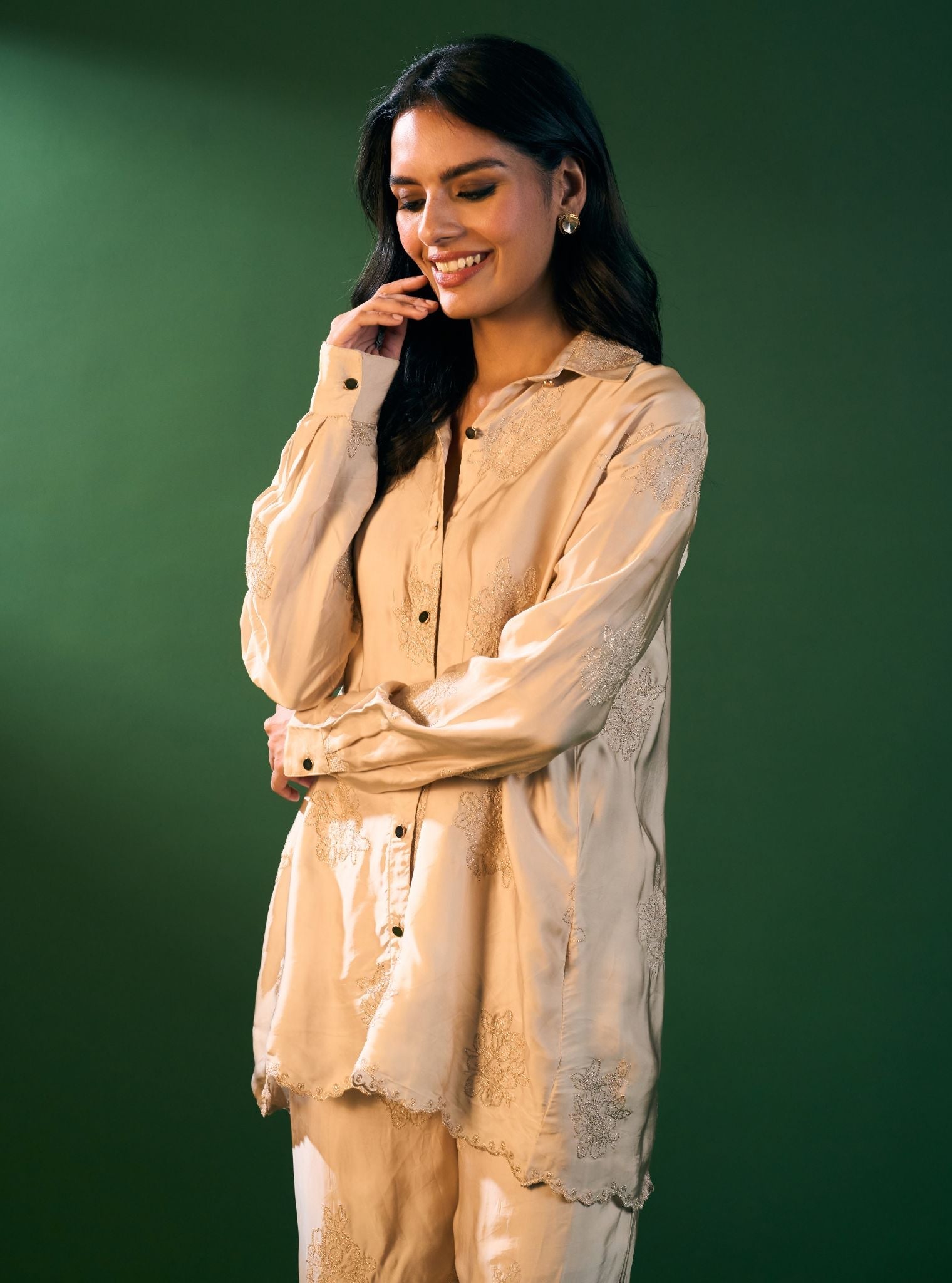 Mireille Cupro Satin Beige Shirt & Pant Set