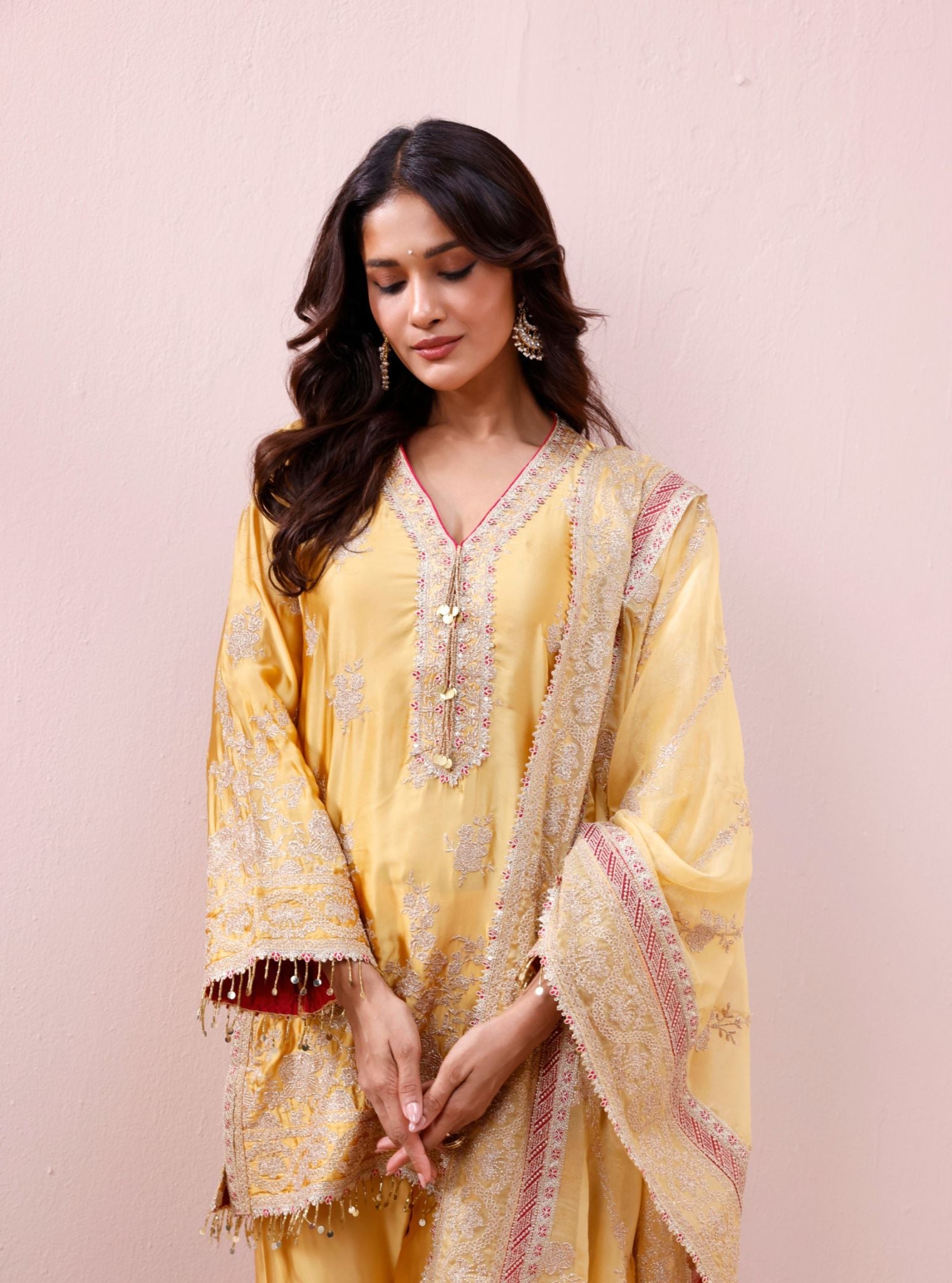 Saaj Cupro Satin Yellow Kurta Set