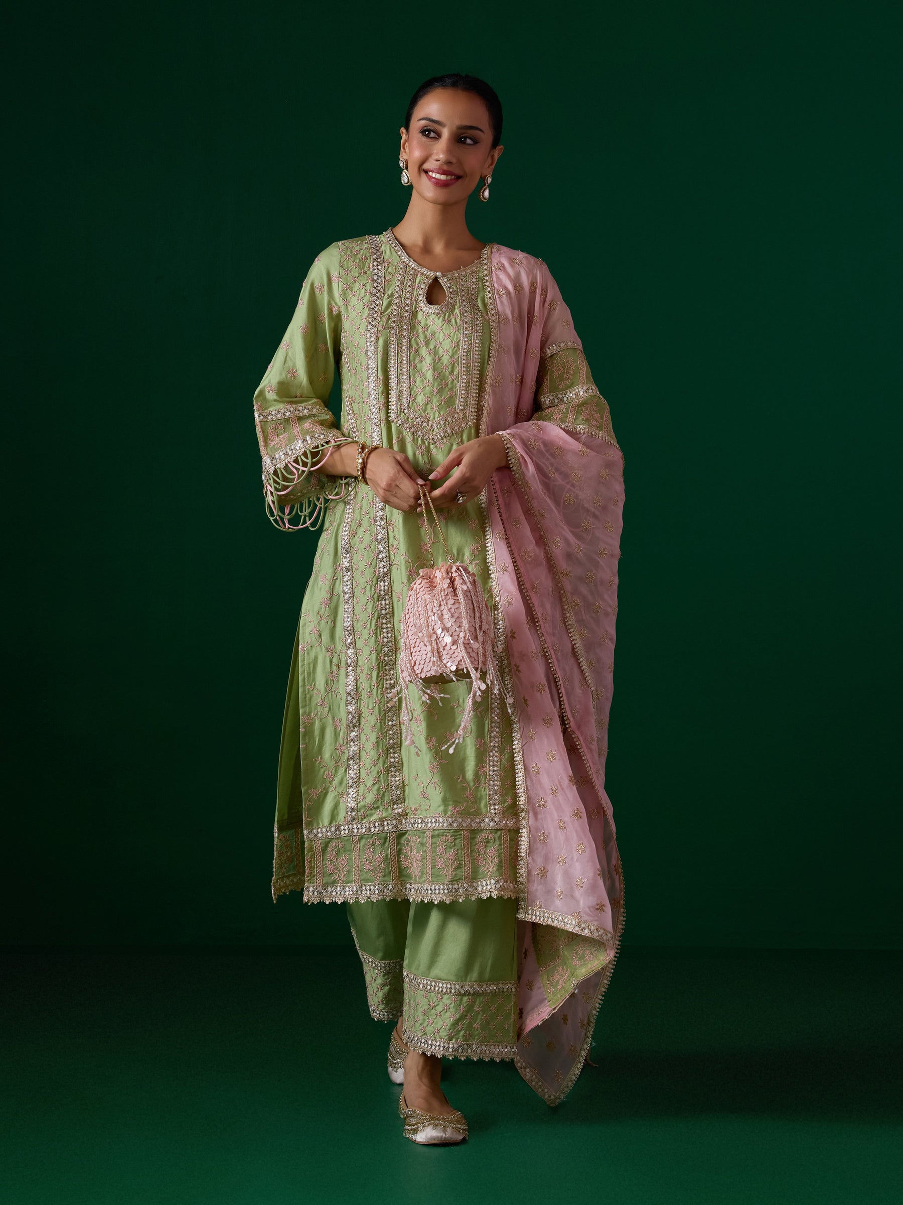 Briti Pima Satin Pista Green Kurta Set