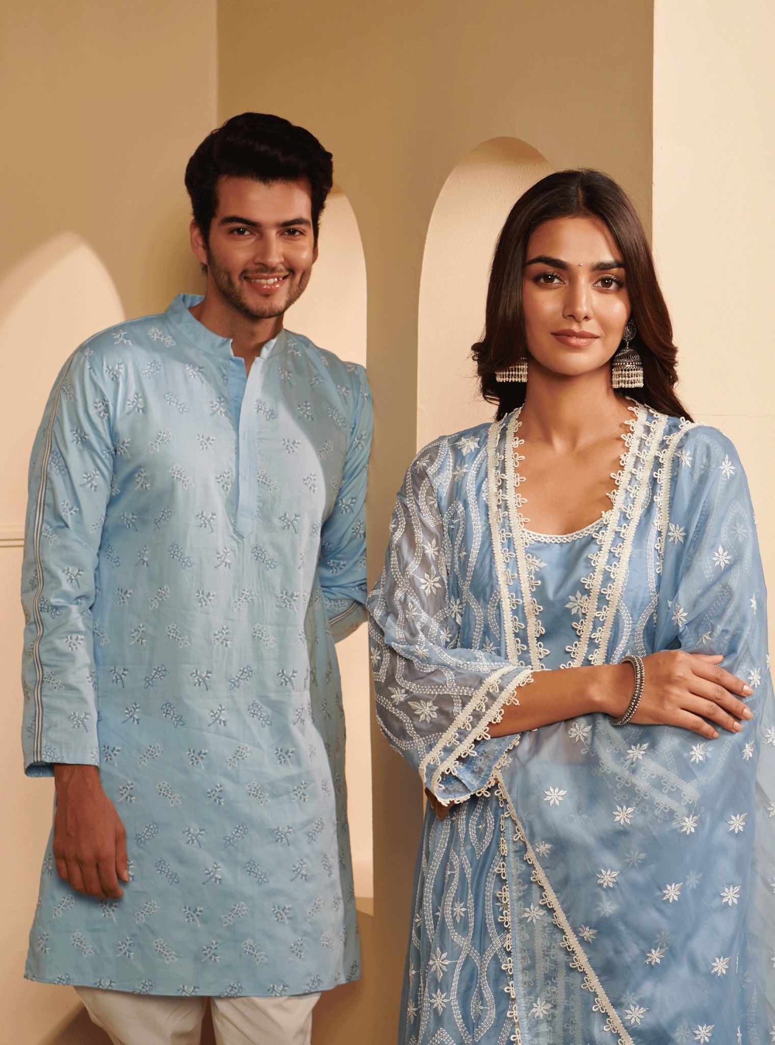 Mulmul Pima Satin Elio light blue Kurta With Mulmul Supima Cotton Elio White Pyajama