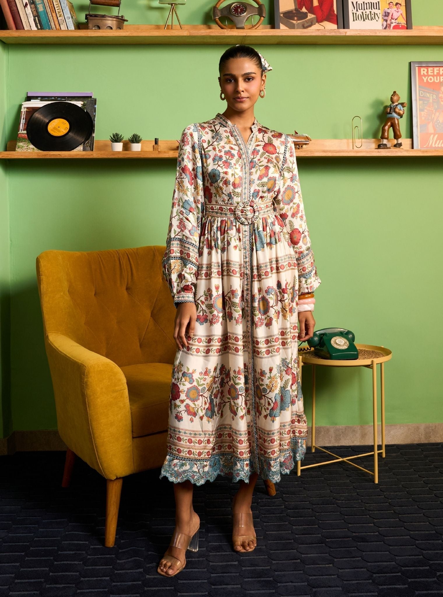 Khas Cupro Satin Off White Printed Dress