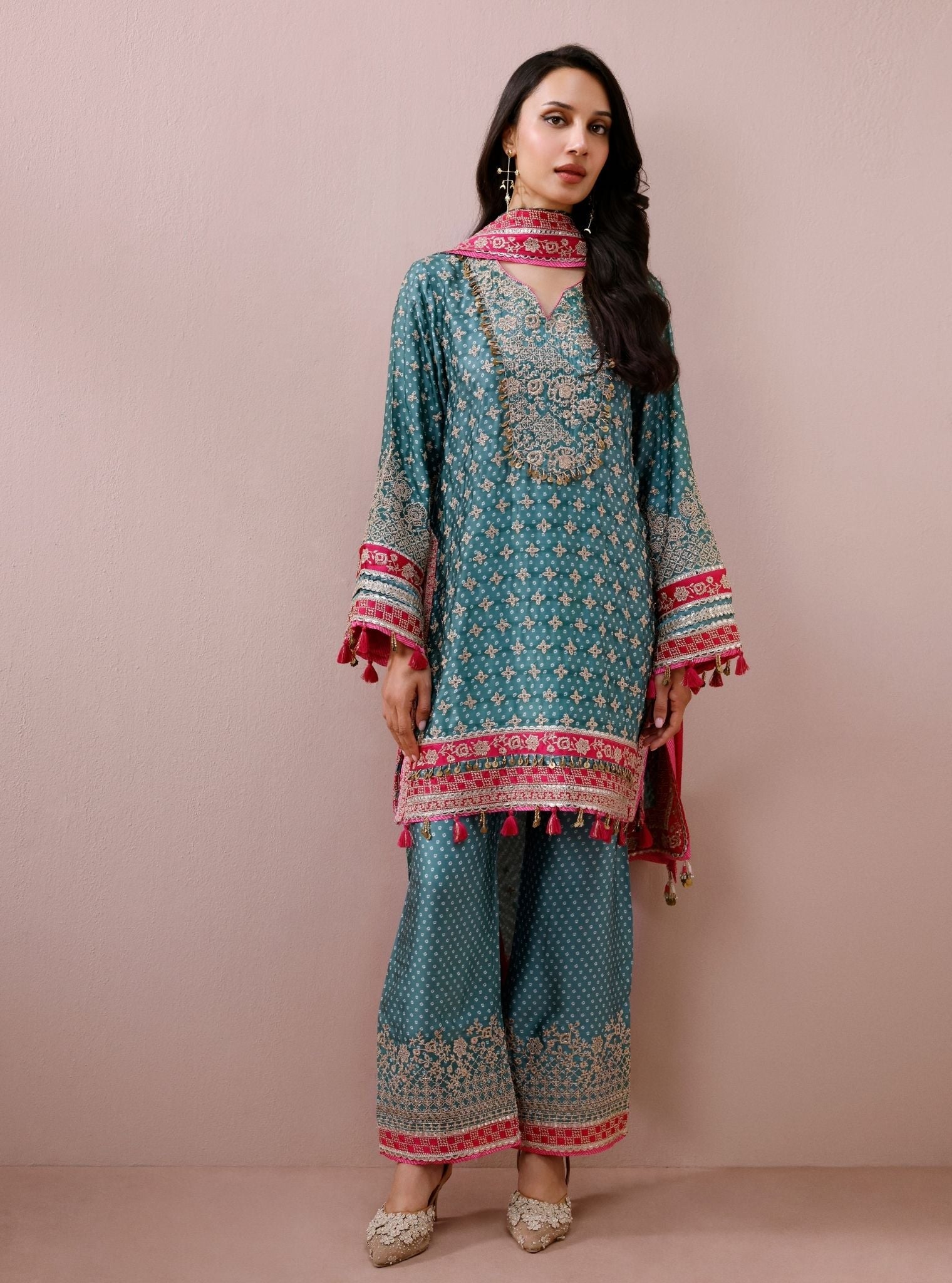 Savi Cupro Satin Green Short Kurta Set