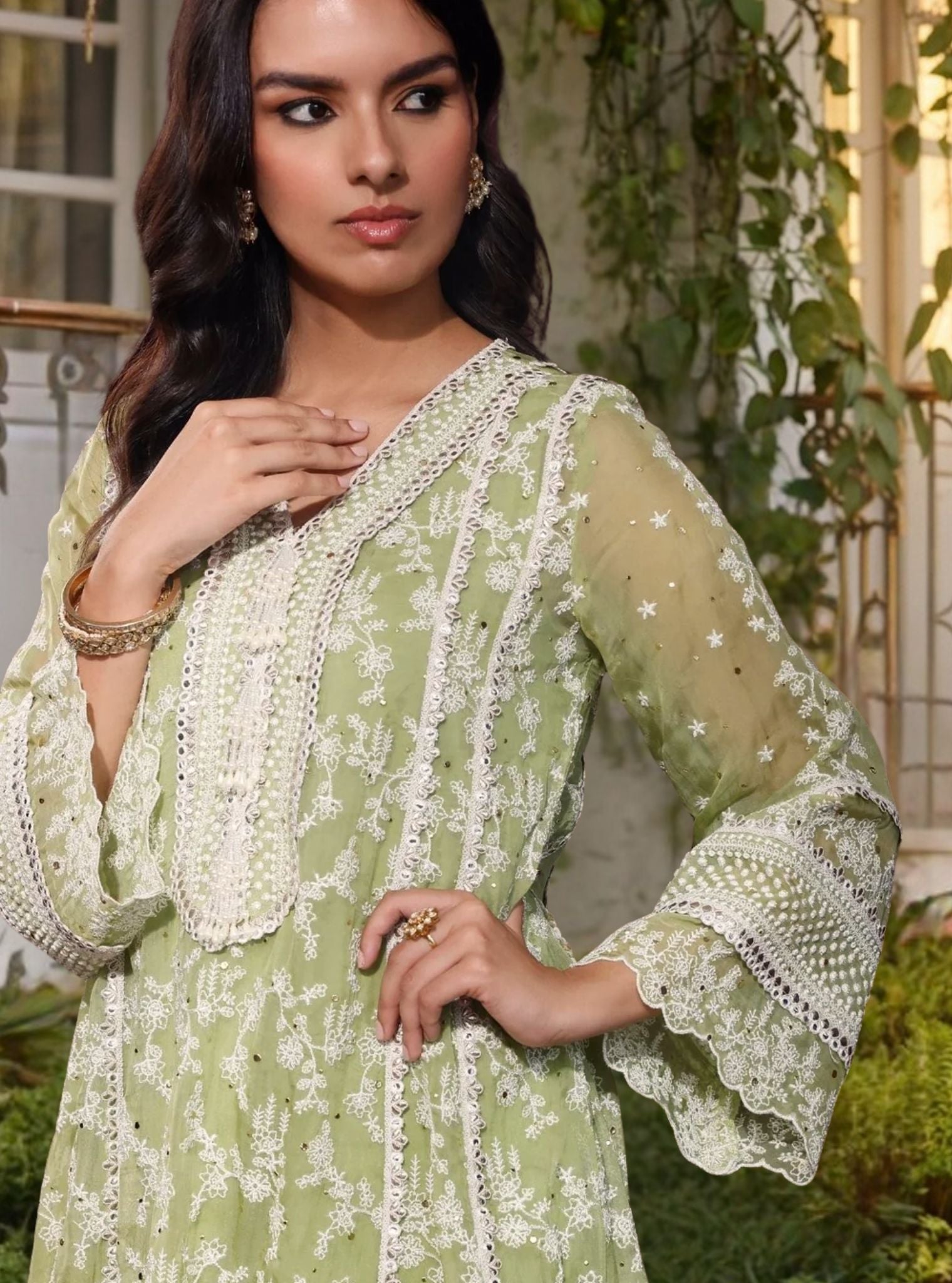 Rupa Organza Pista Green Anarkali Kurta with Pima Satin Pista Green Pant Set