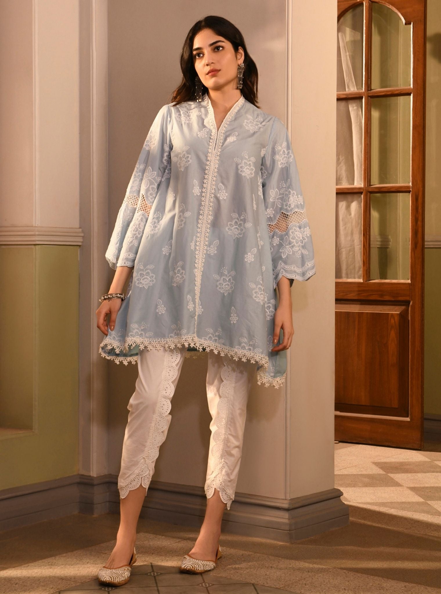 Mulmul Cotton Azara Light Blue Kurta With Mulmul Cotton Border White Dhoti Pant