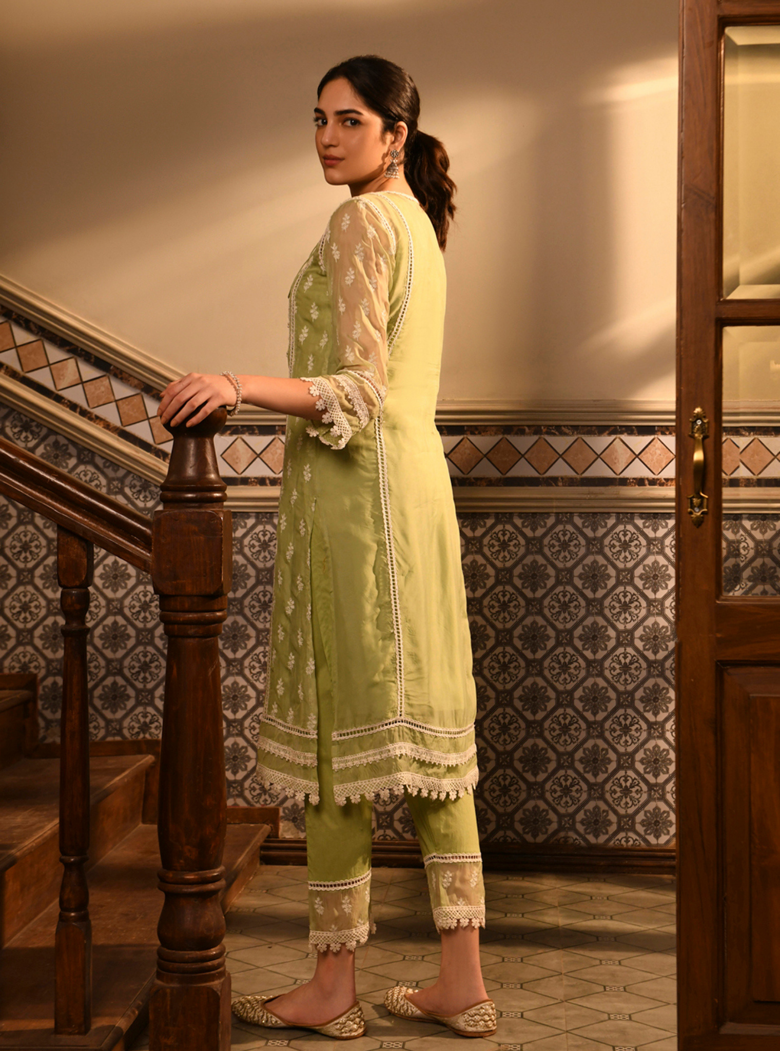 Mulmul Organza Sanaz Green Kurta With Mulmul Cotton Sanaz Green pant