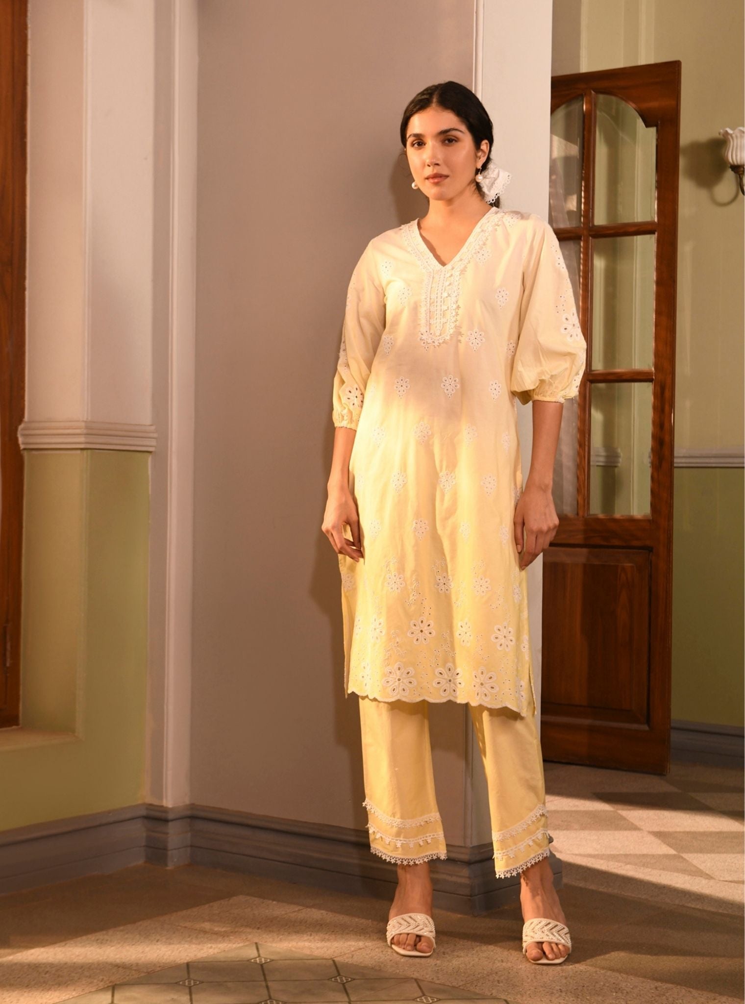 Mulmul Cotton Malta Yellow Kurta With Mulmul Cotton Malta Yellow Pant