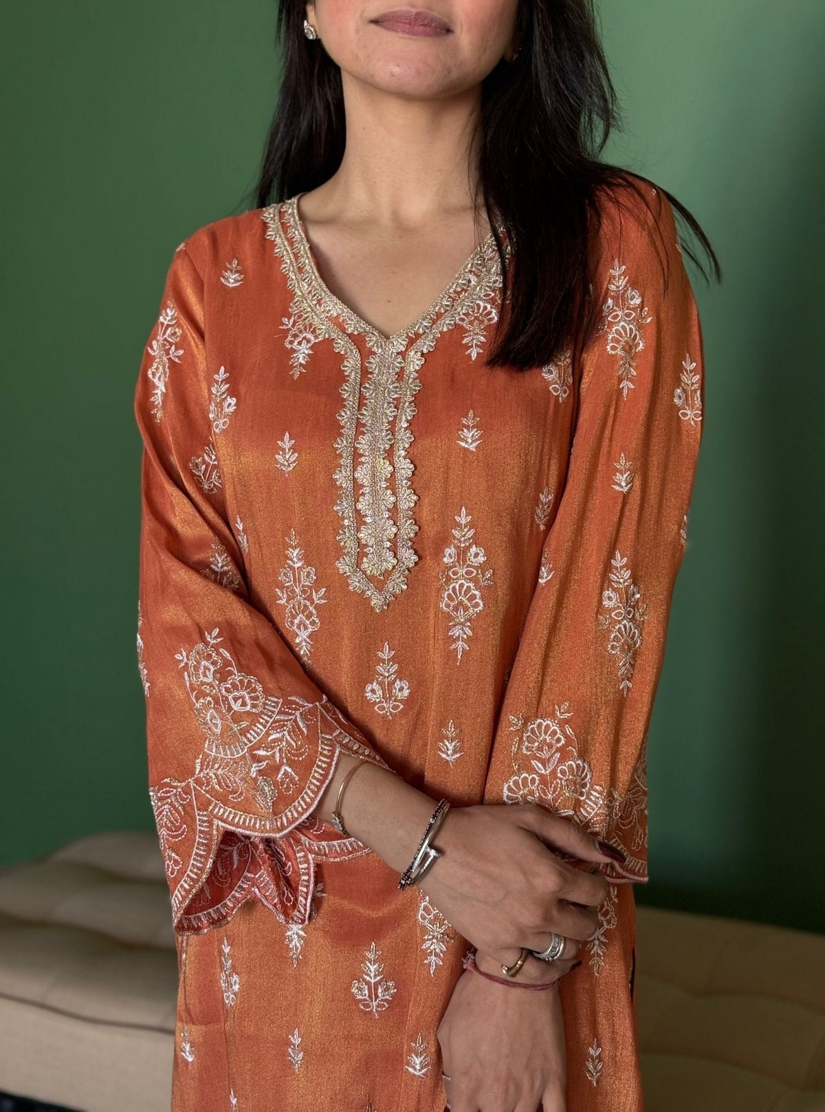 Emon Tissue Linen Satin Burnt Orange Kurta Set
