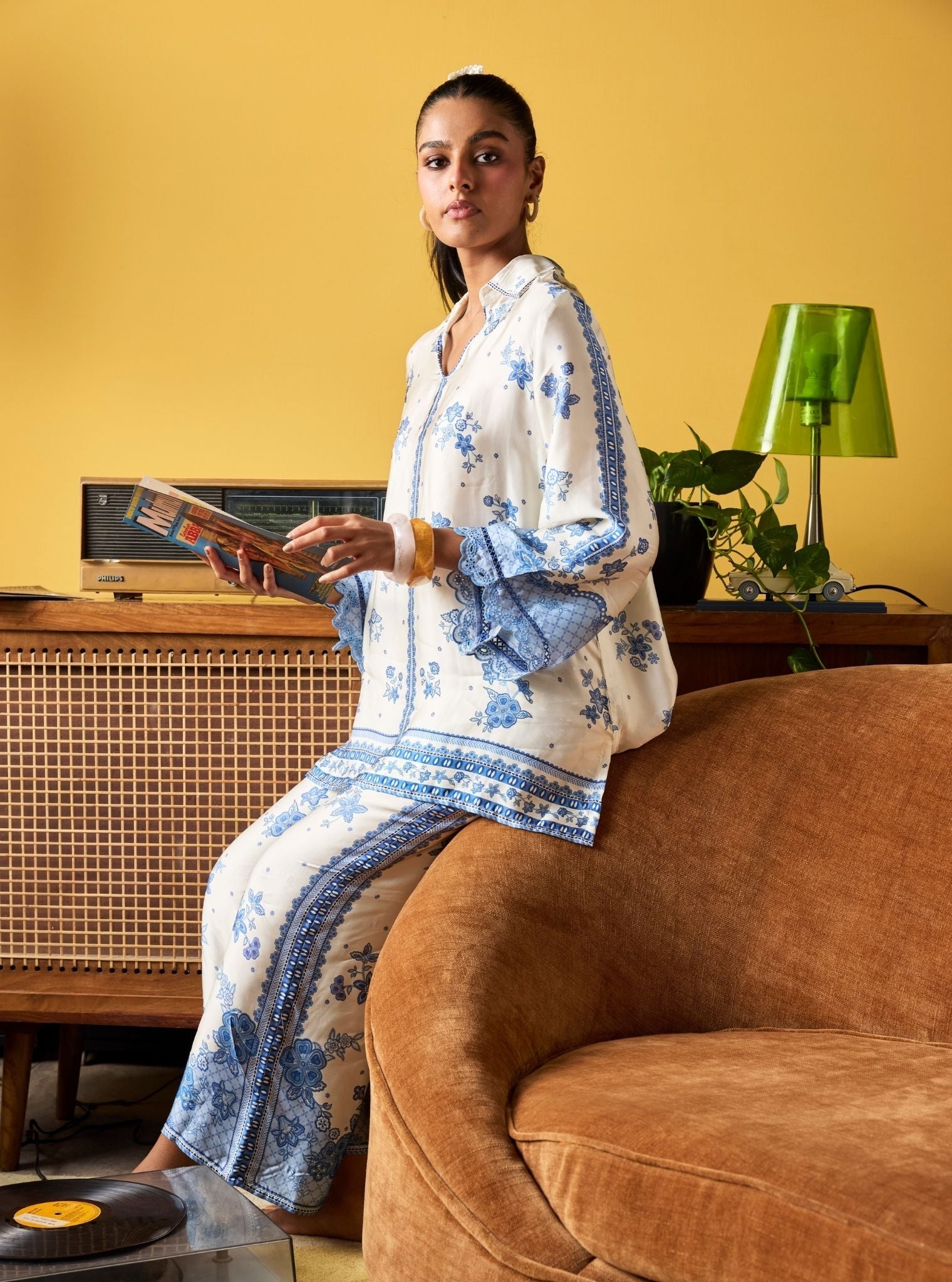 Mehrang Cupro Satin Off White Printed Shirt Set