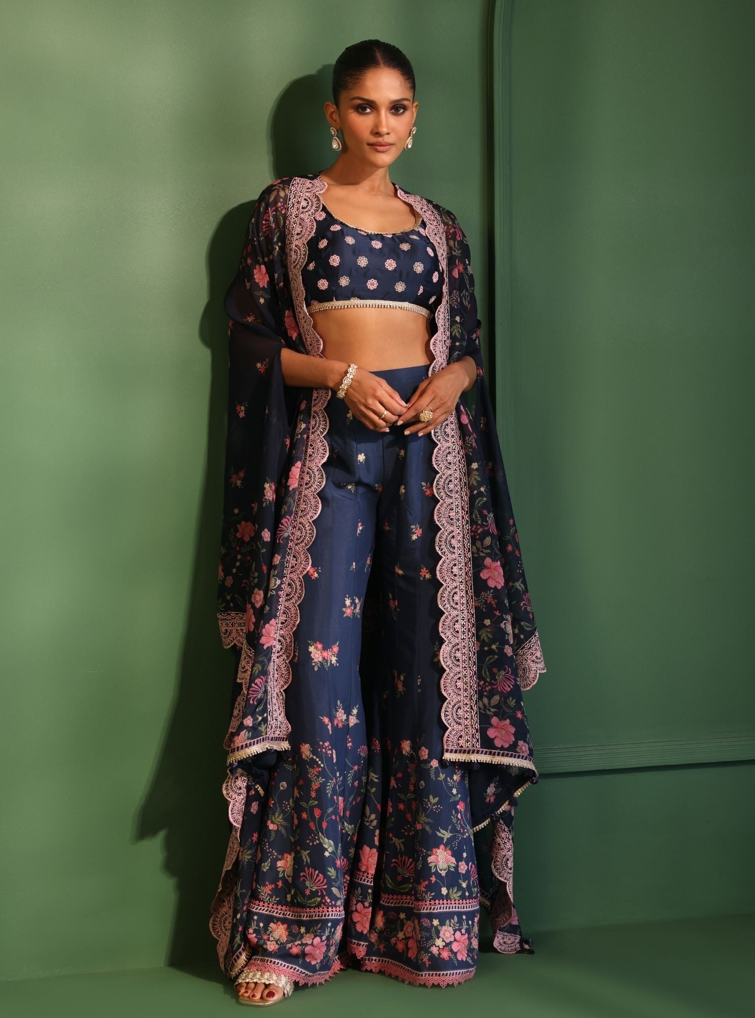 Mulmul Organza Printed Laila Navy Cape Shrug With Mulmul Lawn Printed Laila Navy Sharara
