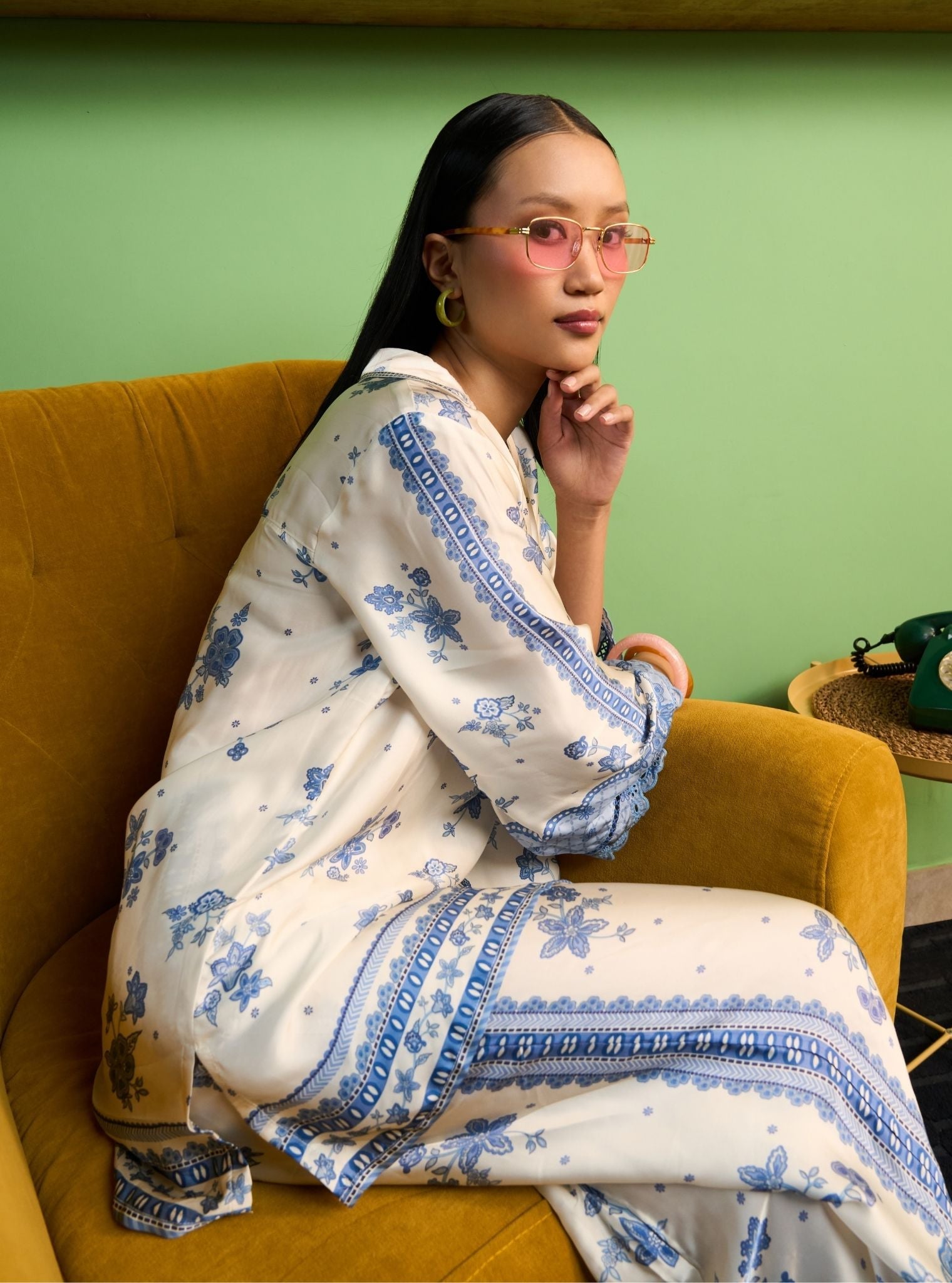 Mehrang Cupro Satin Off White Printed Shirt Set