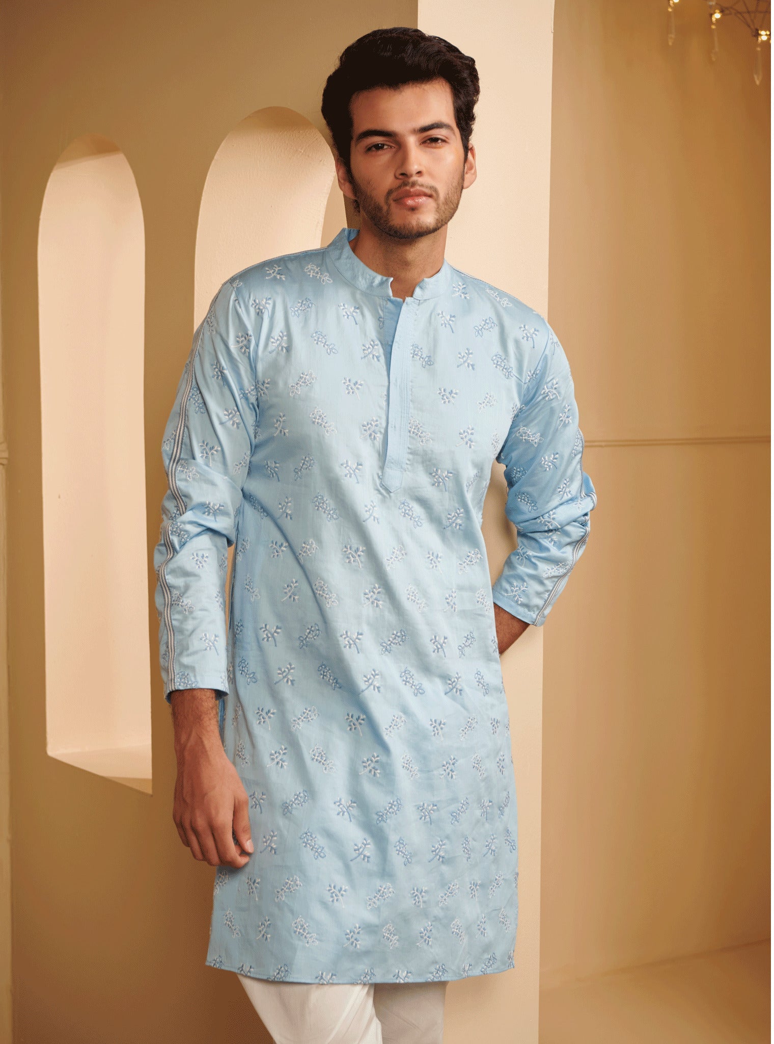 Mulmul Pima Satin Elio light blue Kurta With Mulmul Supima Cotton Elio White Pyajama