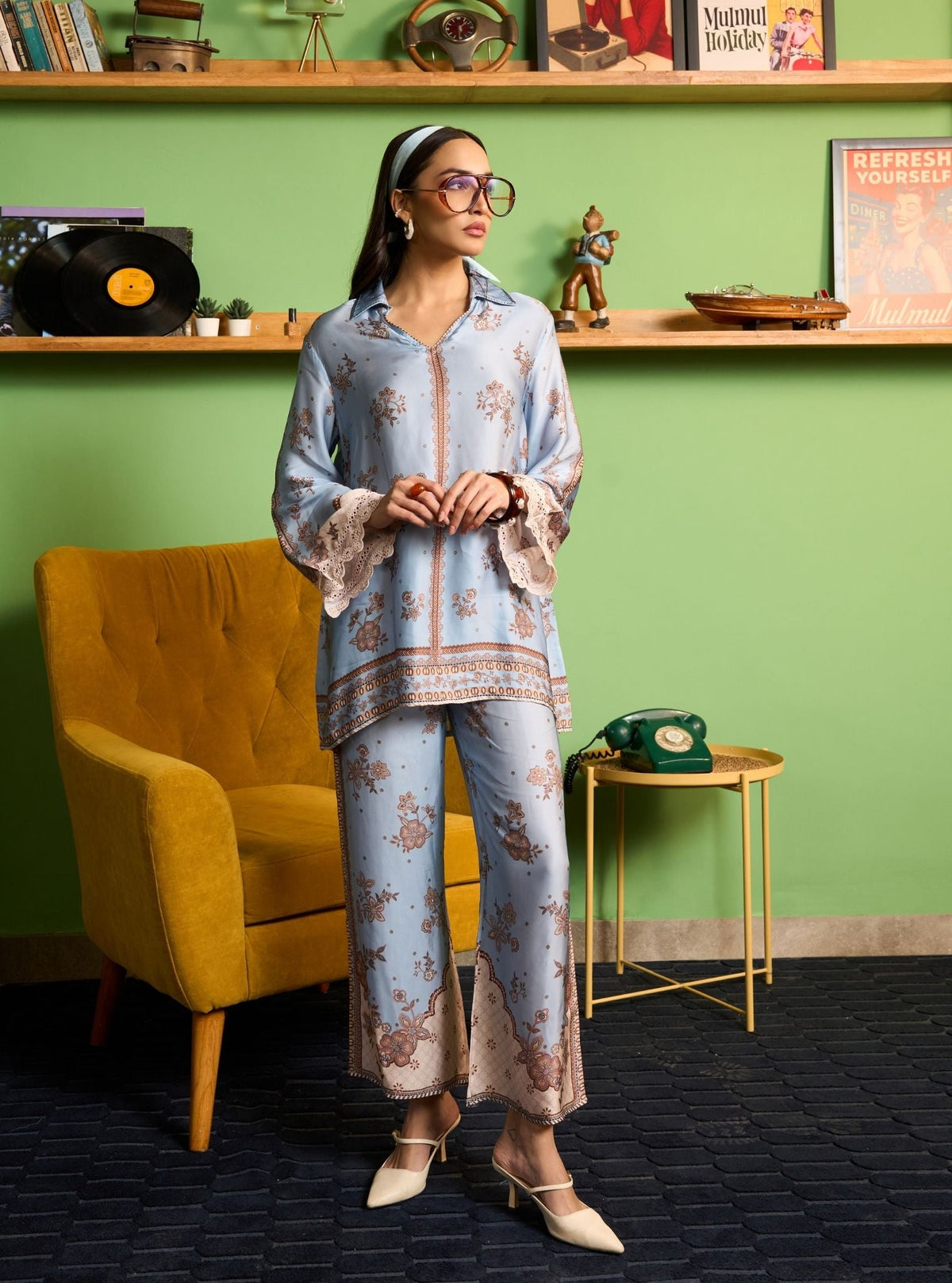 Mehrang Cupro Satin Blue Printed Shirt Set