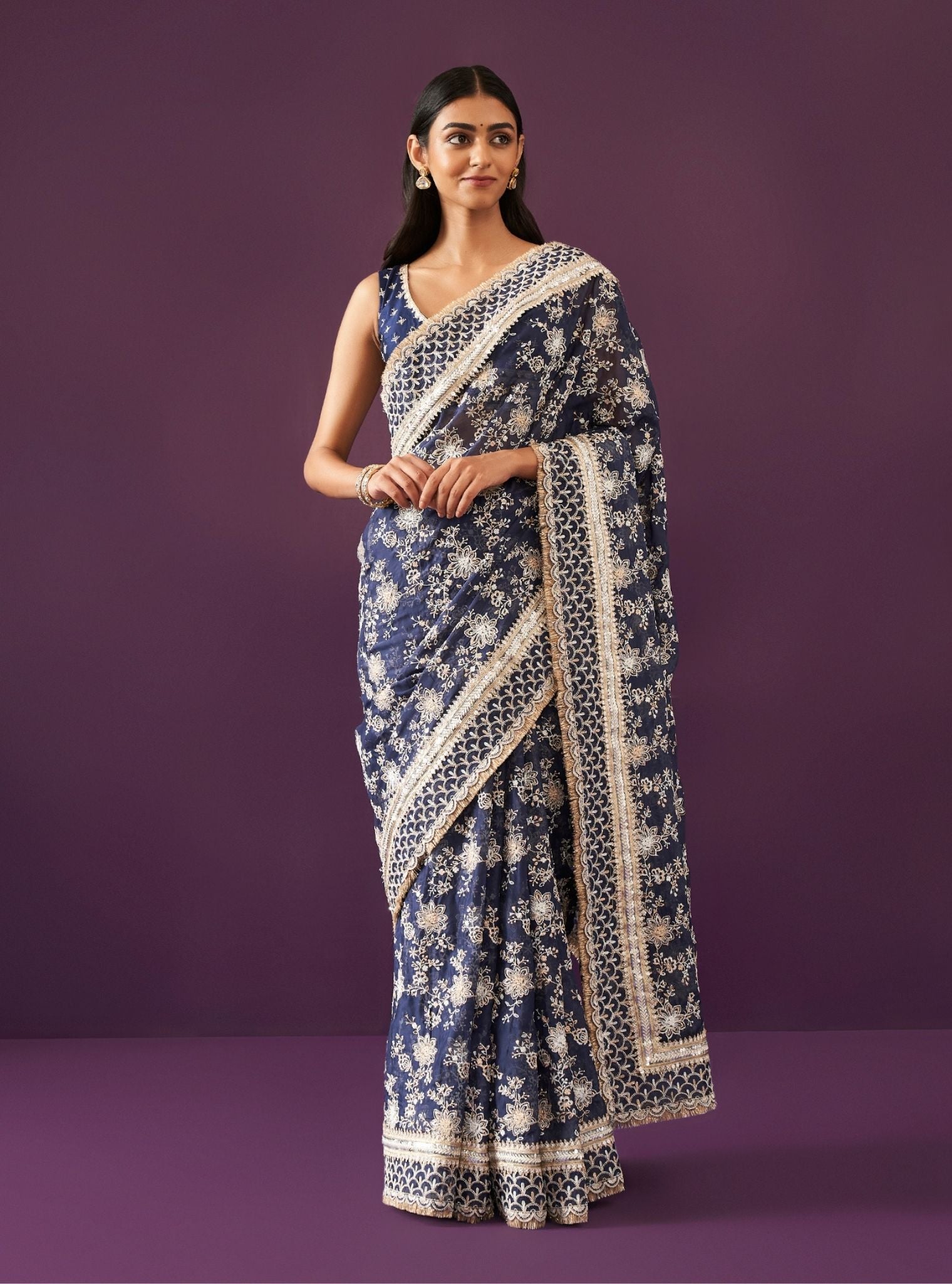 Mulmul Organza Kamon Navy Saree