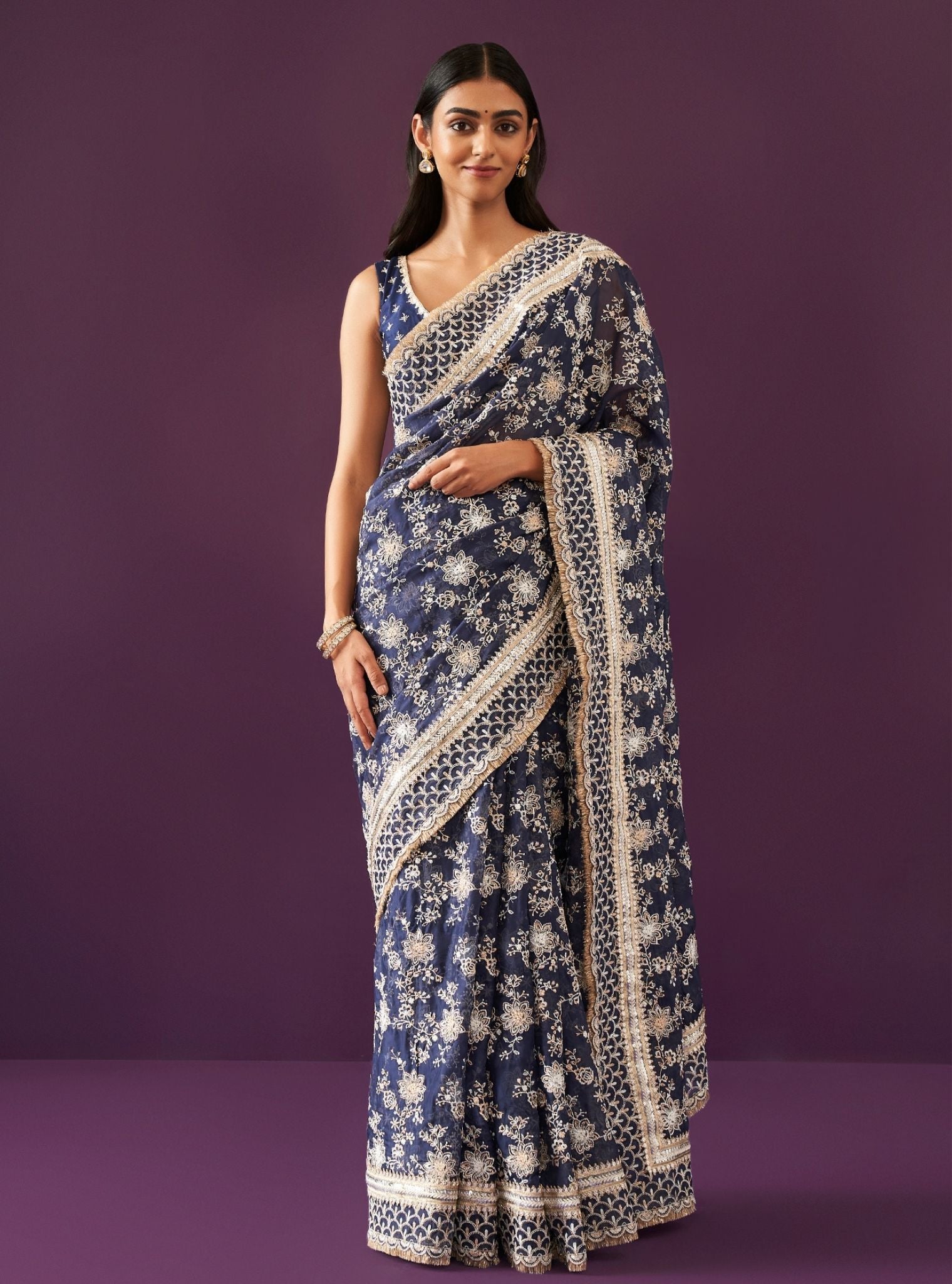 Mulmul Organza Kamon Navy Saree