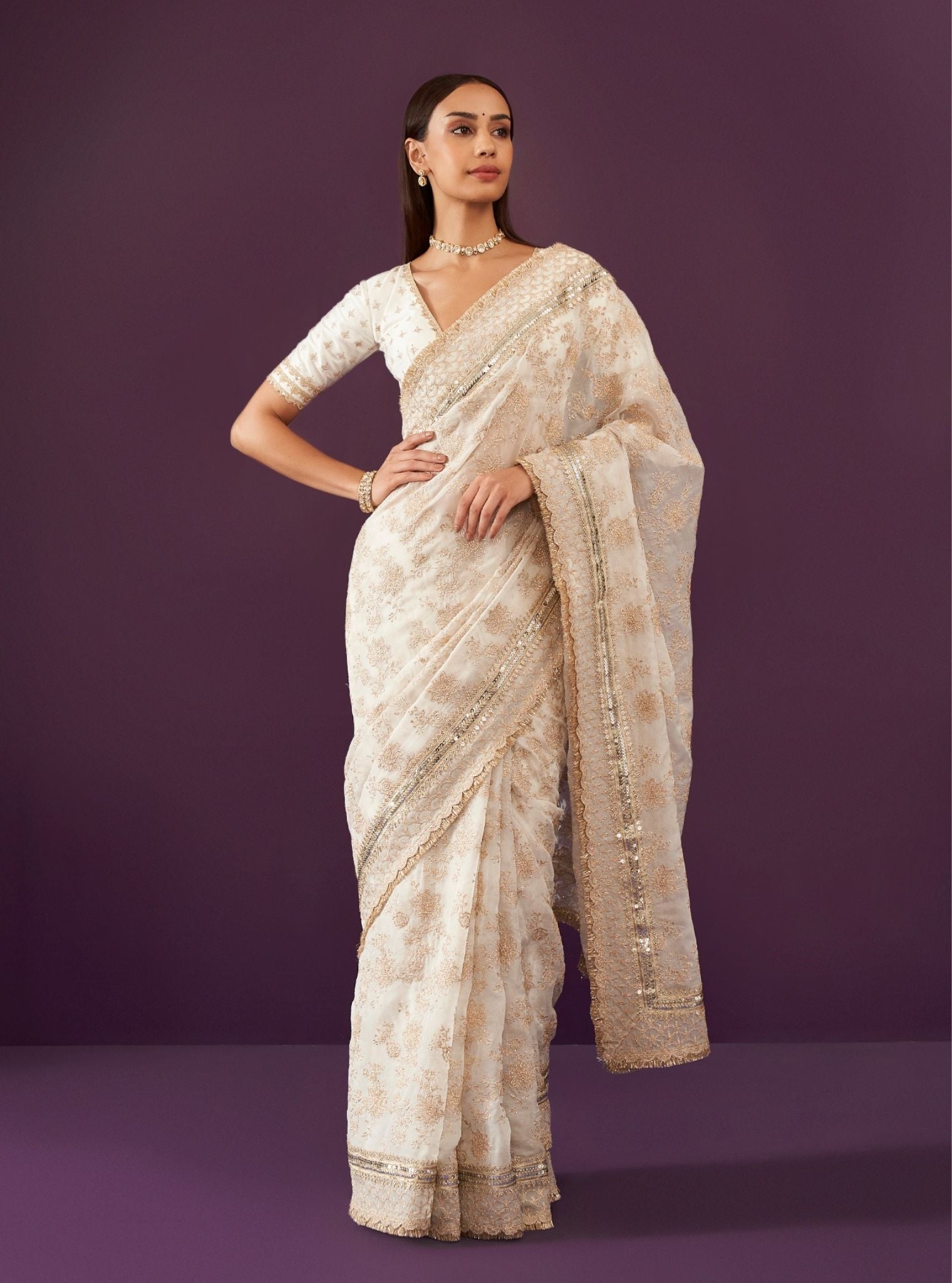 Kamon Organza Off White Saree