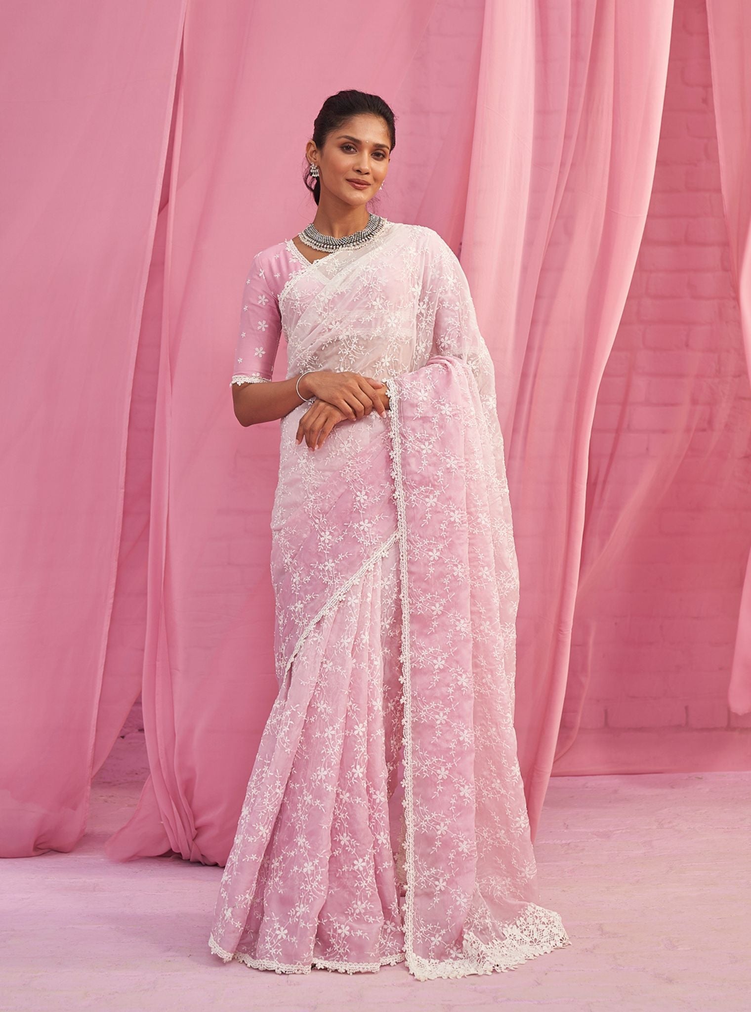 Mulmul Ombre Organza Quinn Pink Saree