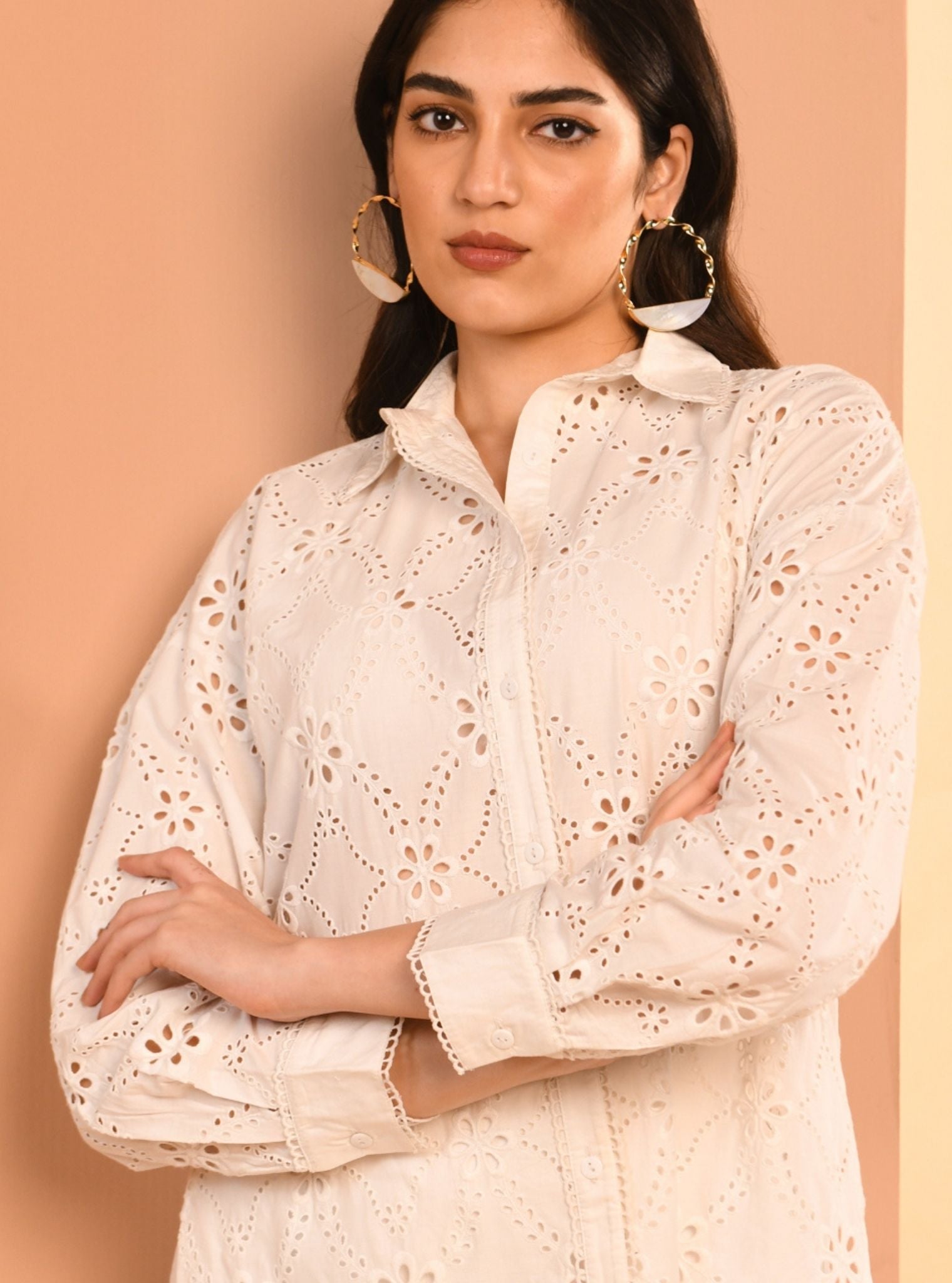 Mulmul Cotton Trix White Long Shirt with Mulmul Cotton Trix White Pant