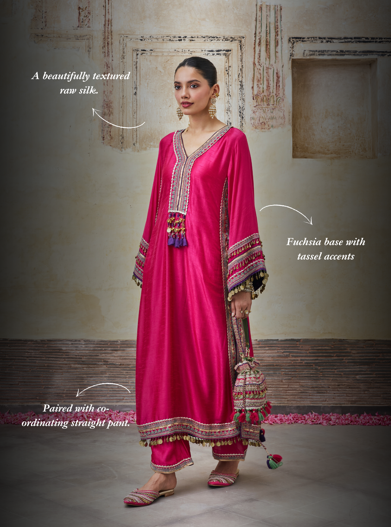 Shaabni Bemberg Raw Silk Fuchsia Kaftan Set