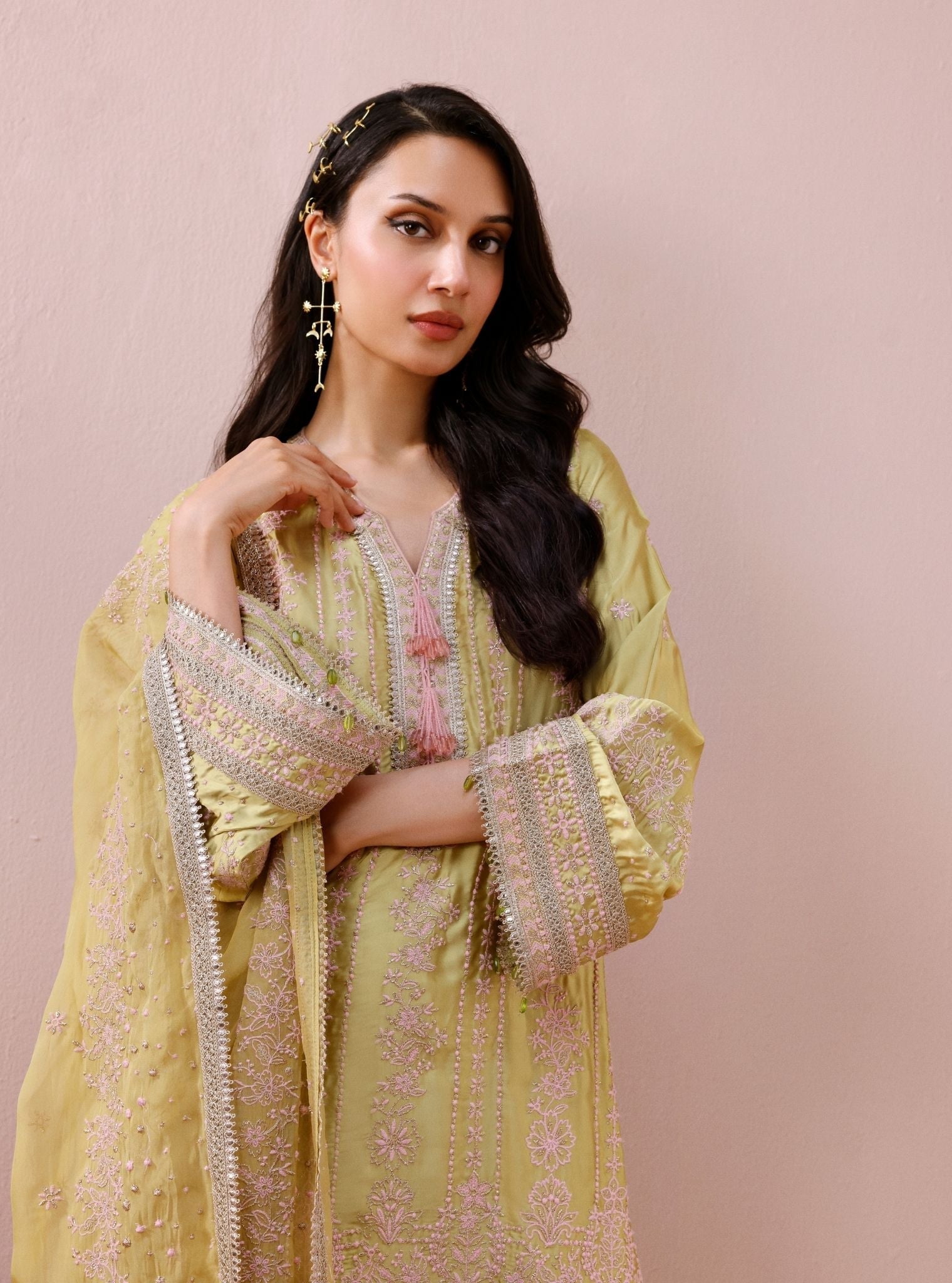 Zuri Cupro Satin Lime Kurta With Farshi Salwar