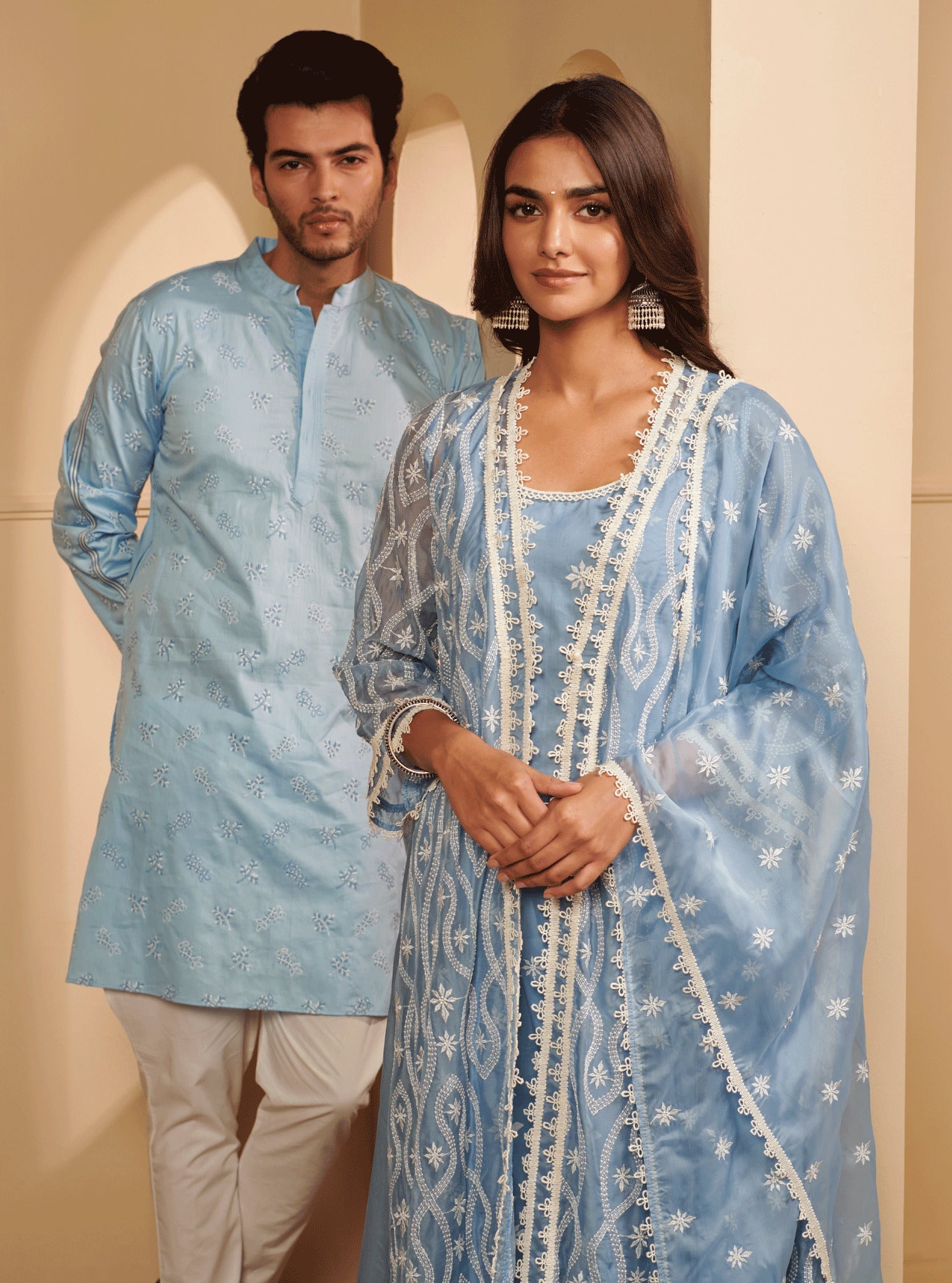 Mulmul Pima Satin Elio light blue Kurta With Mulmul Supima Cotton Elio White Pyajama