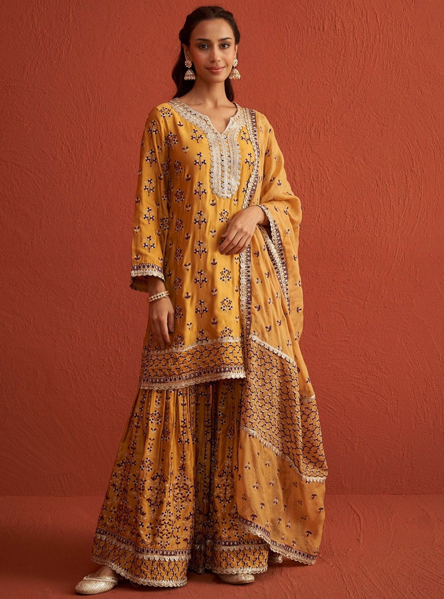 Mulmul Cupro Satin Mahiya Mustard Kurta With Mulmul Cupro Satin Mahiya Mustard Garara