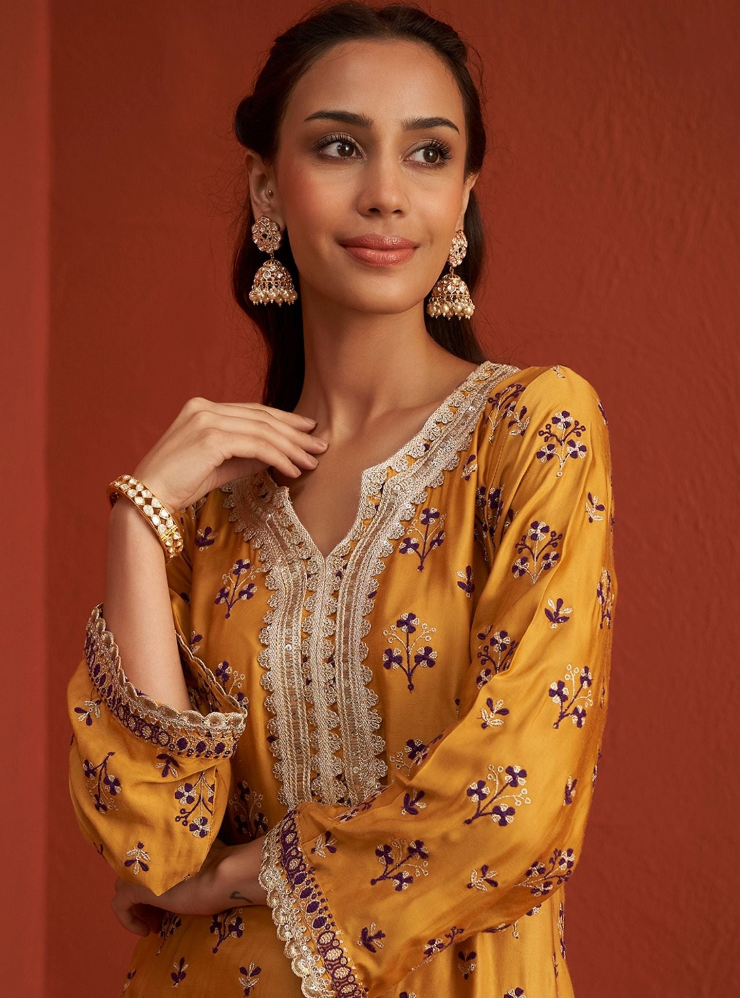 Mulmul Cupro Satin Mahiya Mustard Kurta With Mulmul Cupro Satin Mahiya Mustard Garara