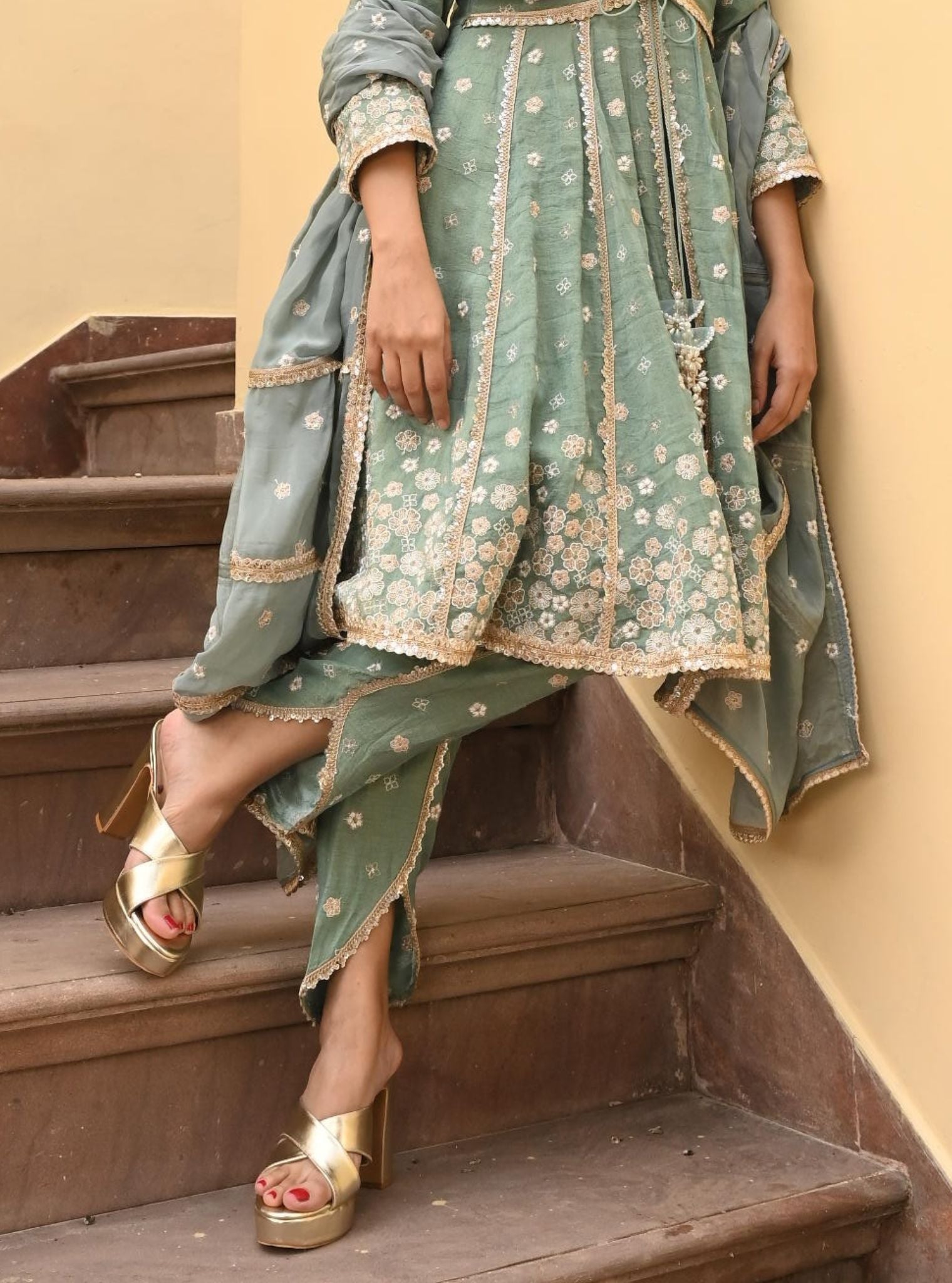 Mulmul Tissue Satin Sajeya Teal Blue Anarkali Kurta with Mulmul Luxe Tissue Satin Sajeya Teal Blue Dhoti Pant