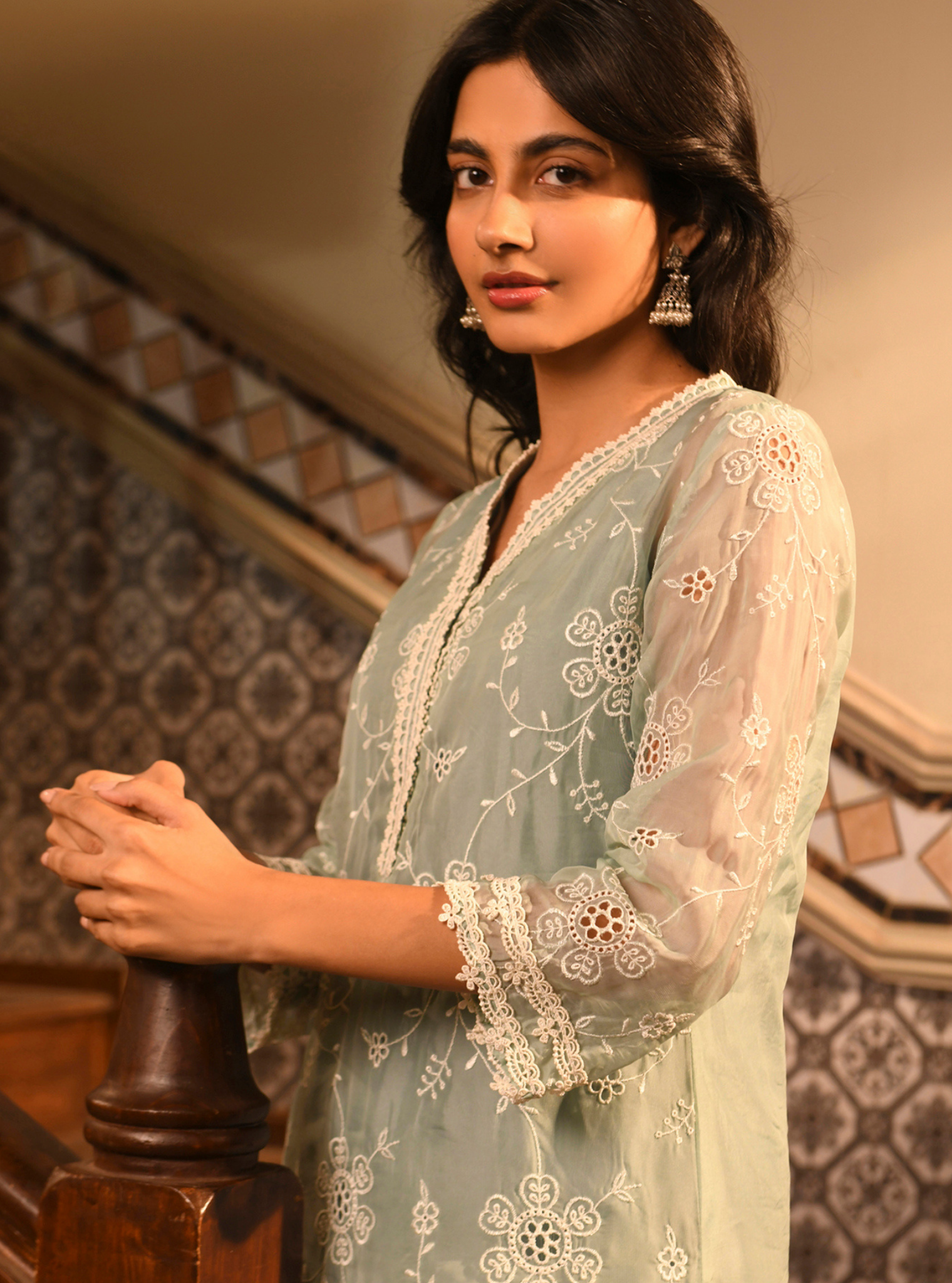 Mulmul Organza Nezira Teal Blue Kurta With Mulmul Cotton Nezira Teal Blue Pant