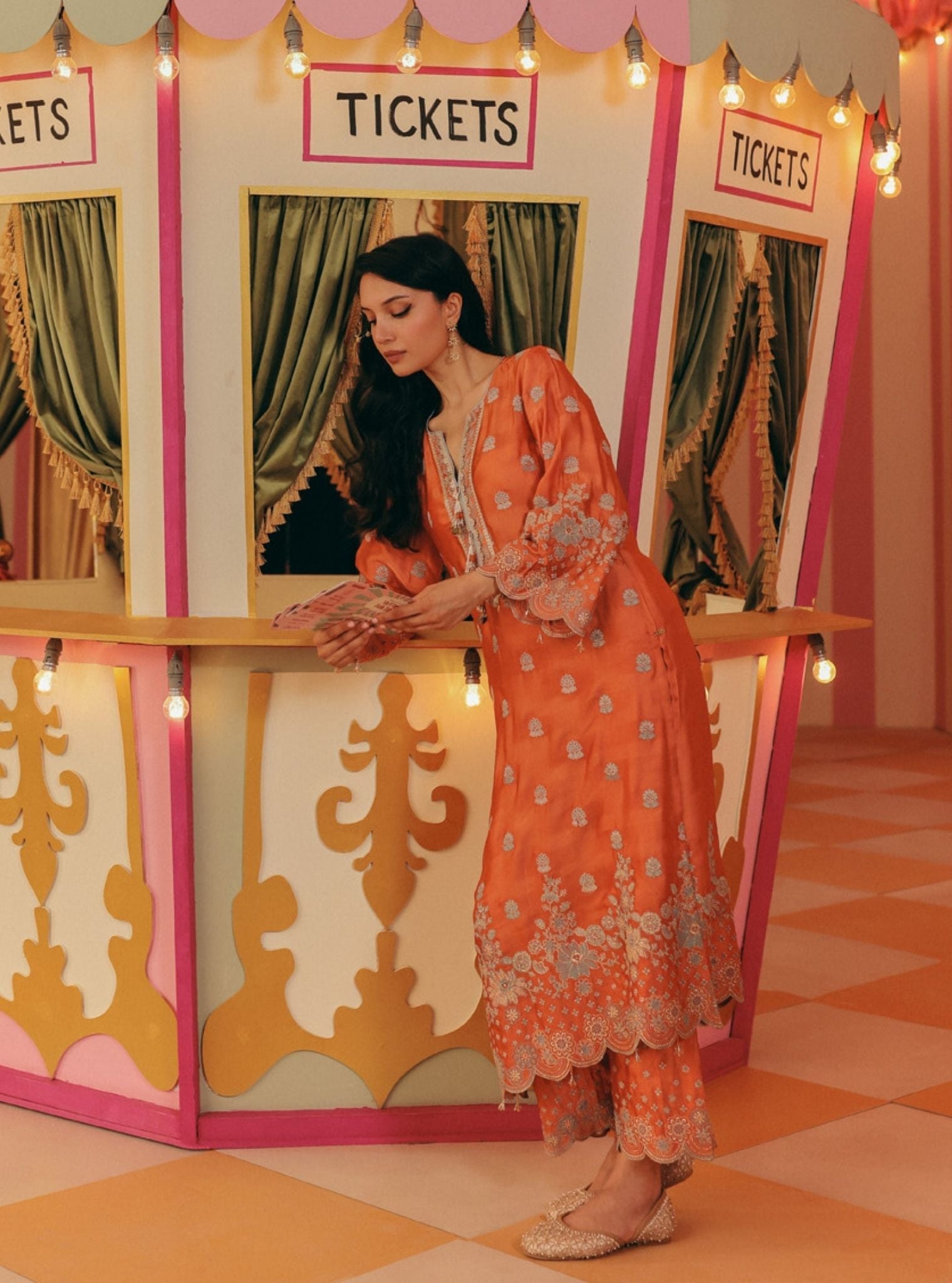 Laina Cupro Satin Orange Long Kurta Set