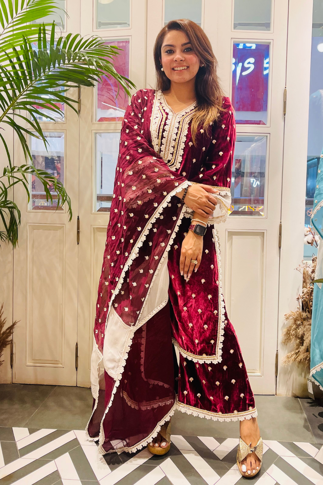 Eliza Velvet Wine Kurta Set