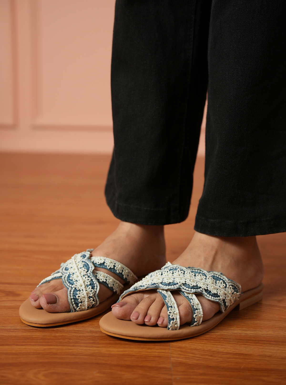 Bella Denim Cross Strap Flat
