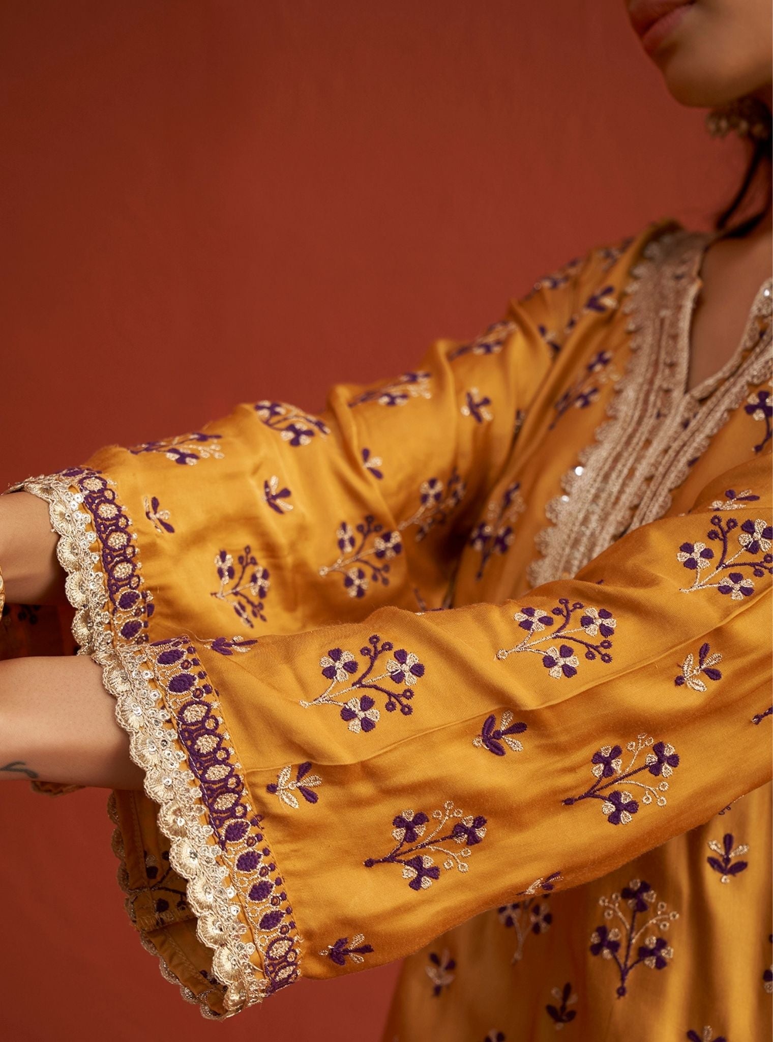 Mulmul Cupro Satin Mahiya Mustard Kurta With Mulmul Cupro Satin Mahiya Mustard Garara