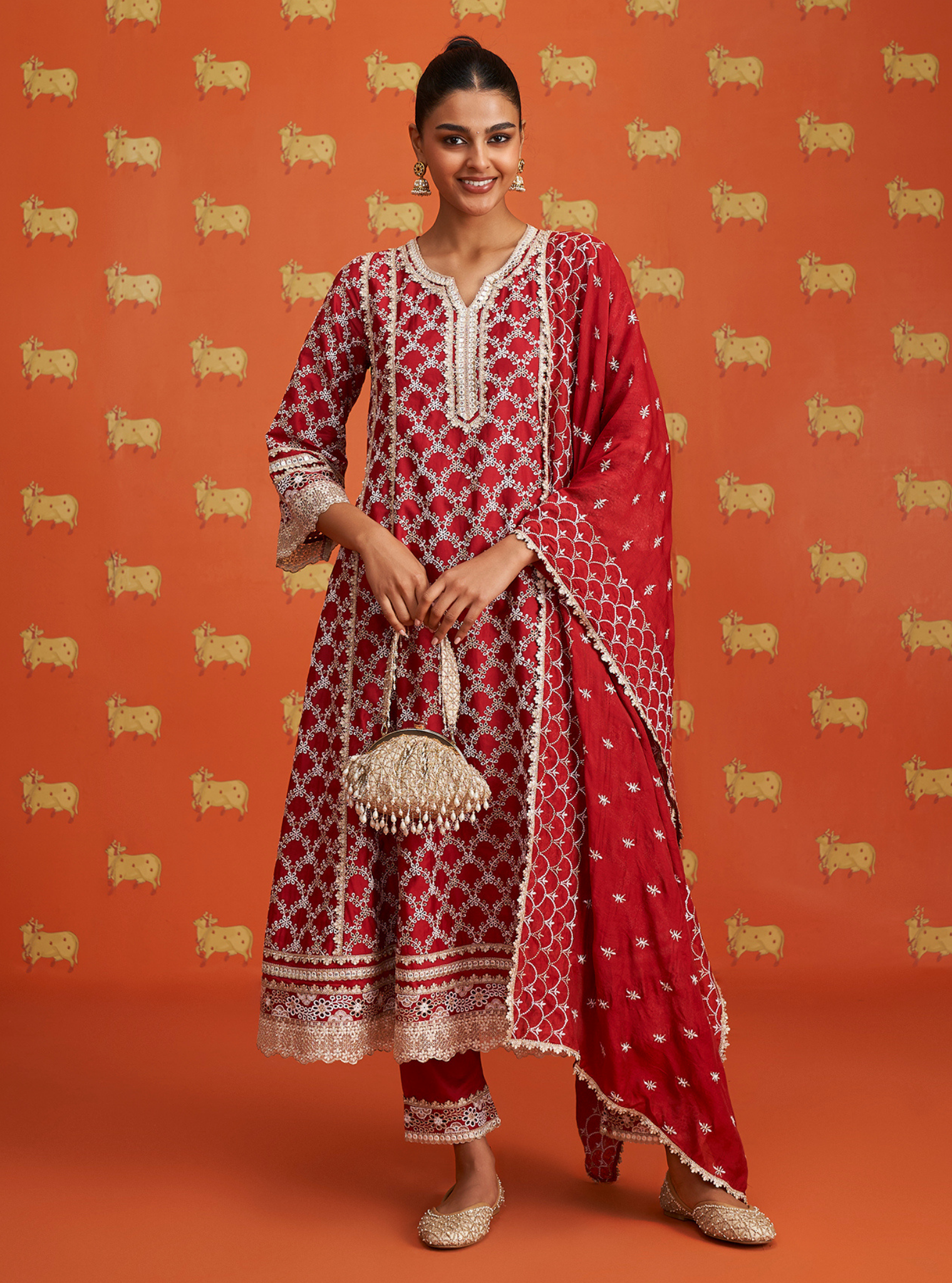 Mulmul Pima Satin Caem Red Kurta With Mulmul Pima Satin Caem Red Pant