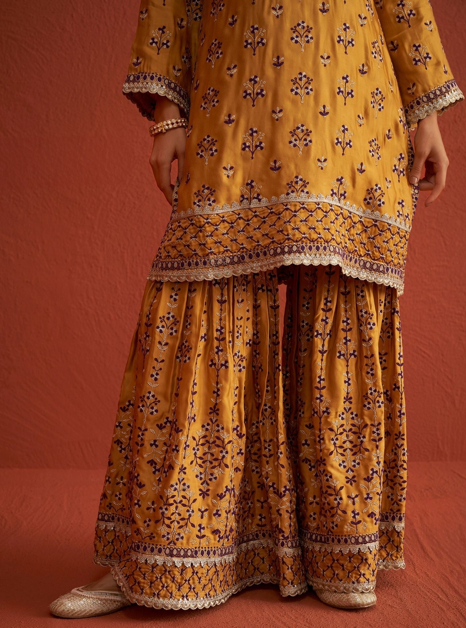 Mulmul Cupro Satin Mahiya Mustard Kurta With Mulmul Cupro Satin Mahiya Mustard Garara