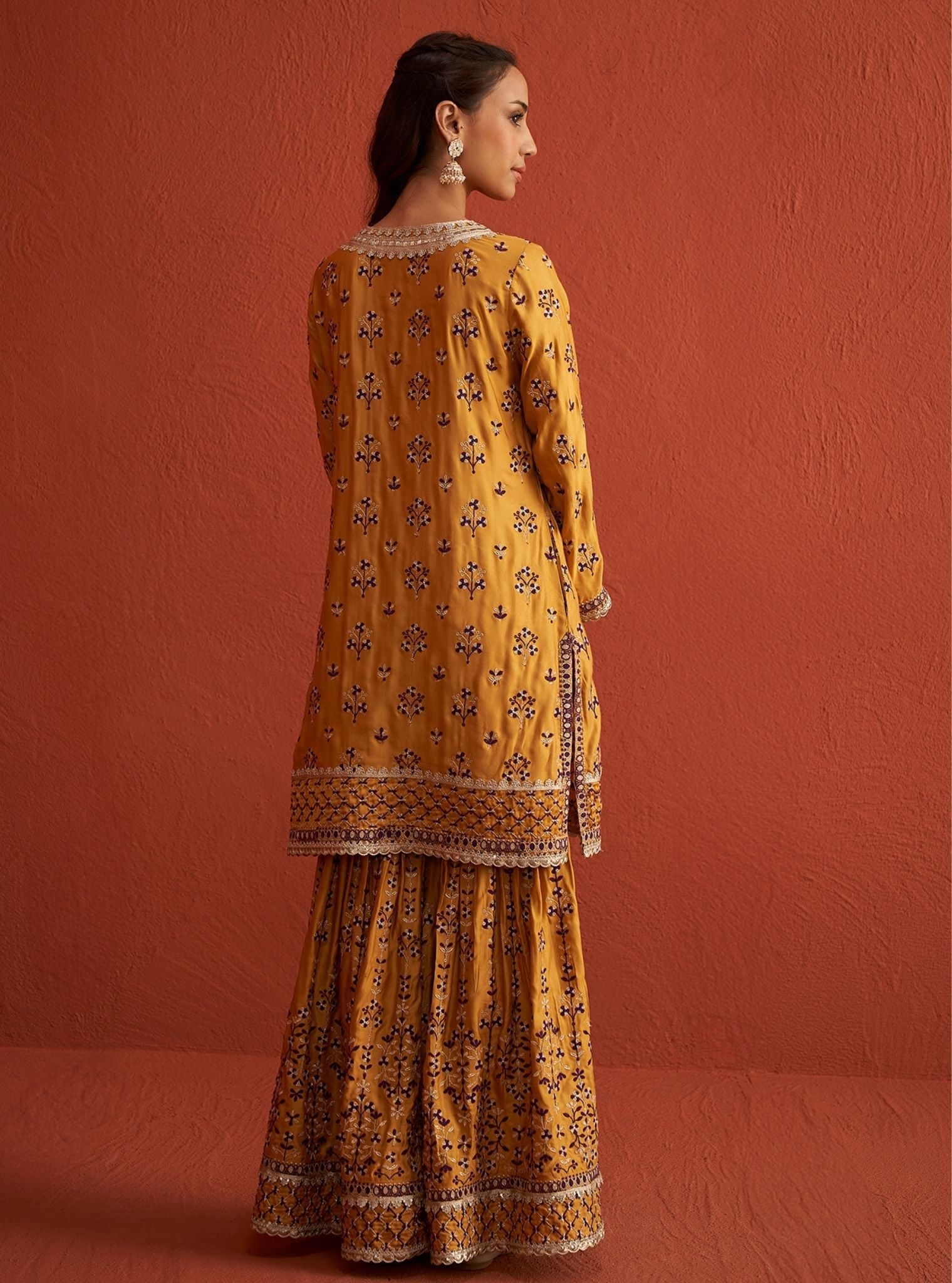 Mulmul Cupro Satin Mahiya Mustard Kurta With Mulmul Cupro Satin Mahiya Mustard Garara