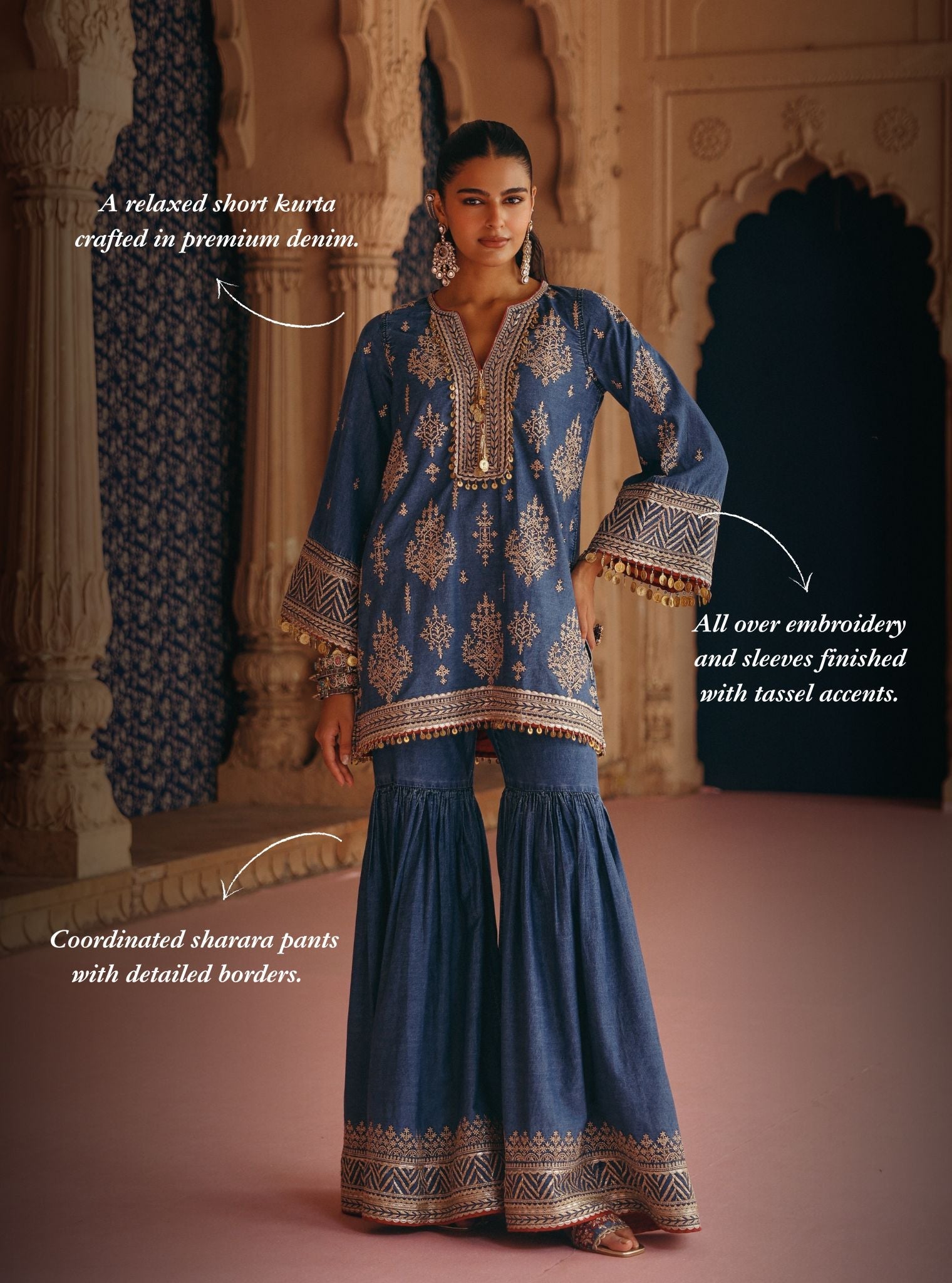 Beri Denim Short Kurta with Sharara