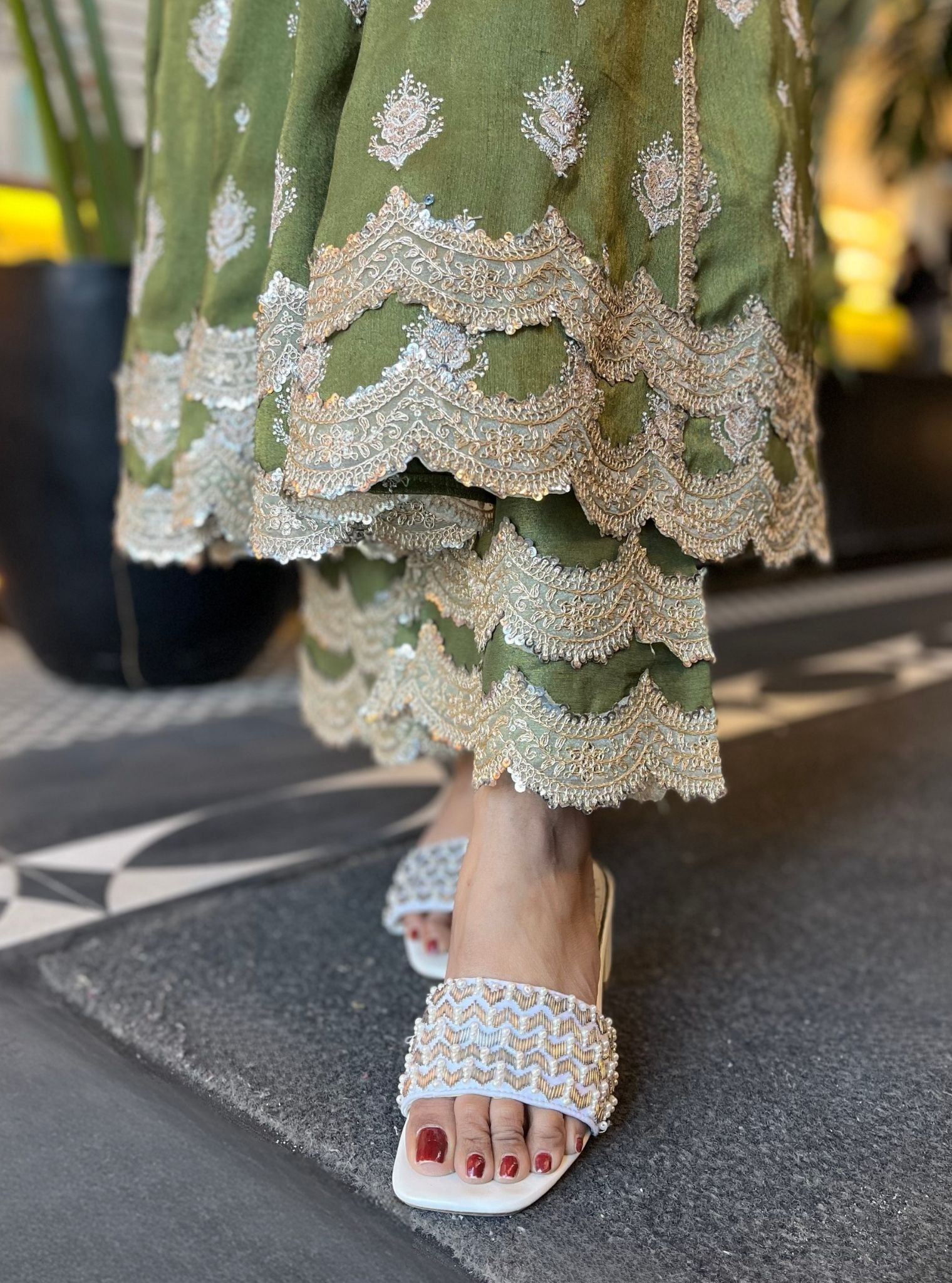 Gulabo Tissue Linen Satin Green Anarkali Kurta Set