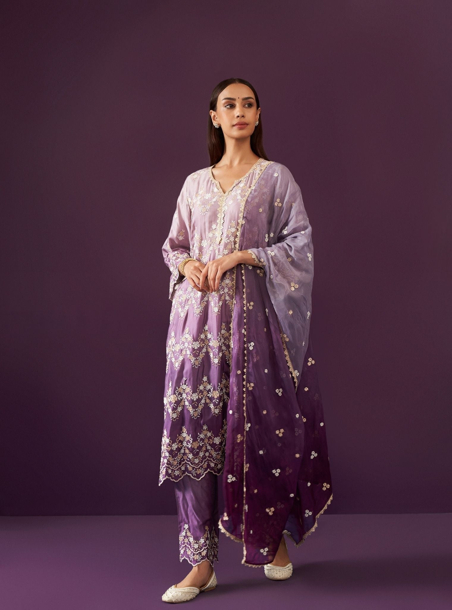 Mulmul Ombre Cupro Satin Canna Purple Kurta With Mulmul Ombre Cupro Satin Canna Purple Pant