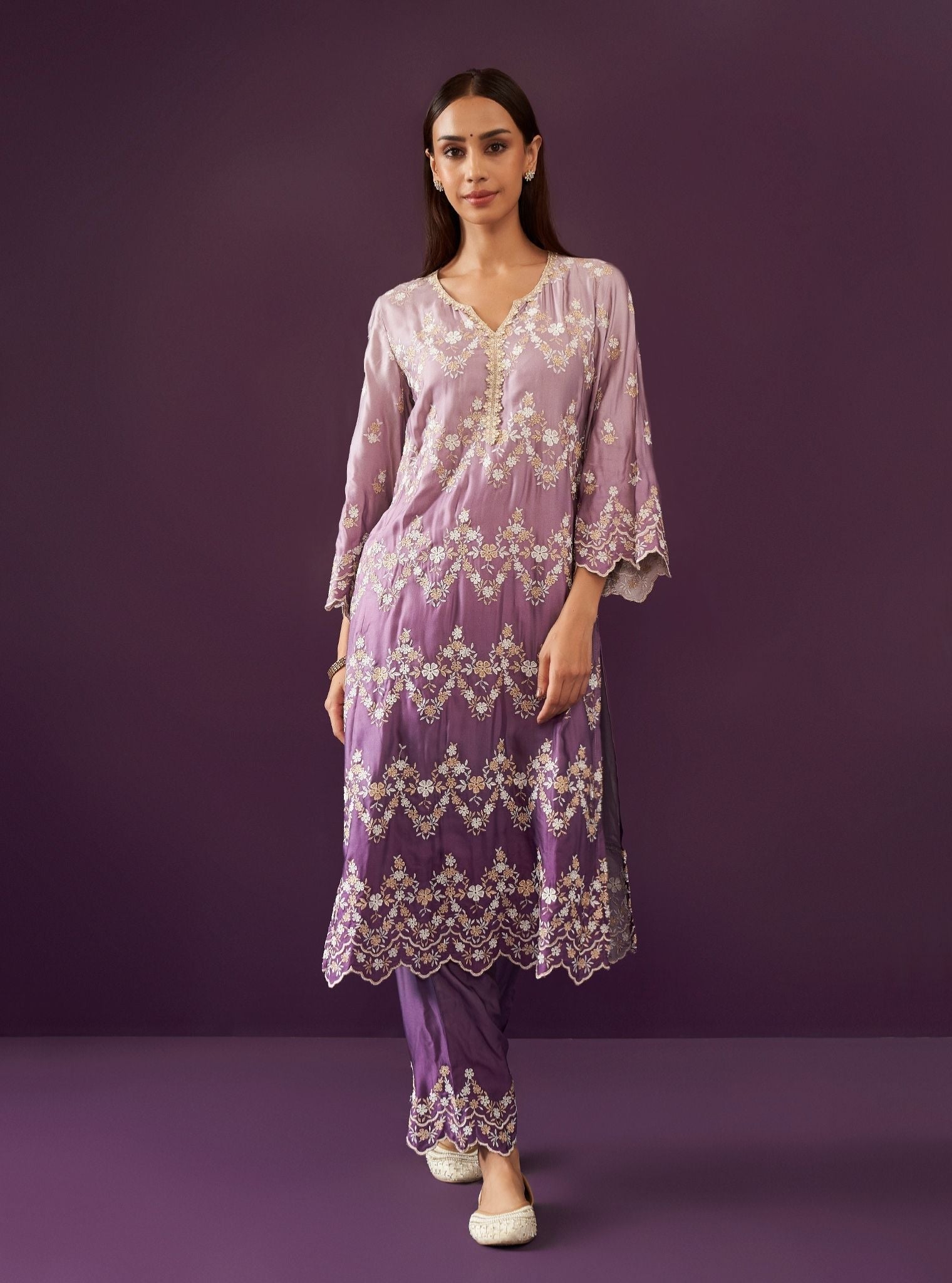 Mulmul Ombre Cupro Satin Canna Purple Kurta With Mulmul Ombre Cupro Satin Canna Purple Pant