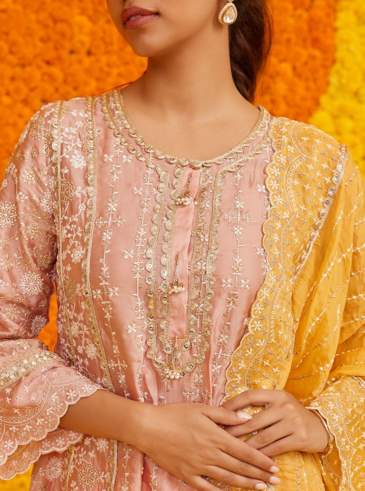 Mulmul Organza Satin Saathiya Pink Kurta With Mulmul Pima Satin Saathiya Pink Pant