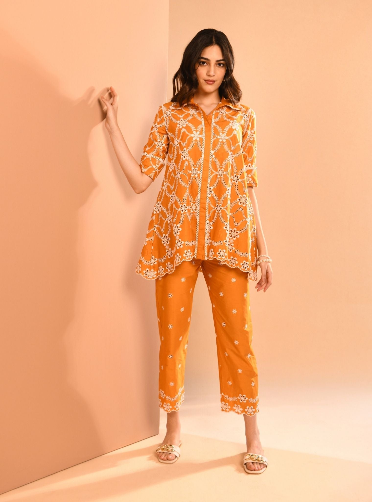 Mulmul Cotton Prue Orange Shirt With Mulmul Cotton Prue Orange Pant